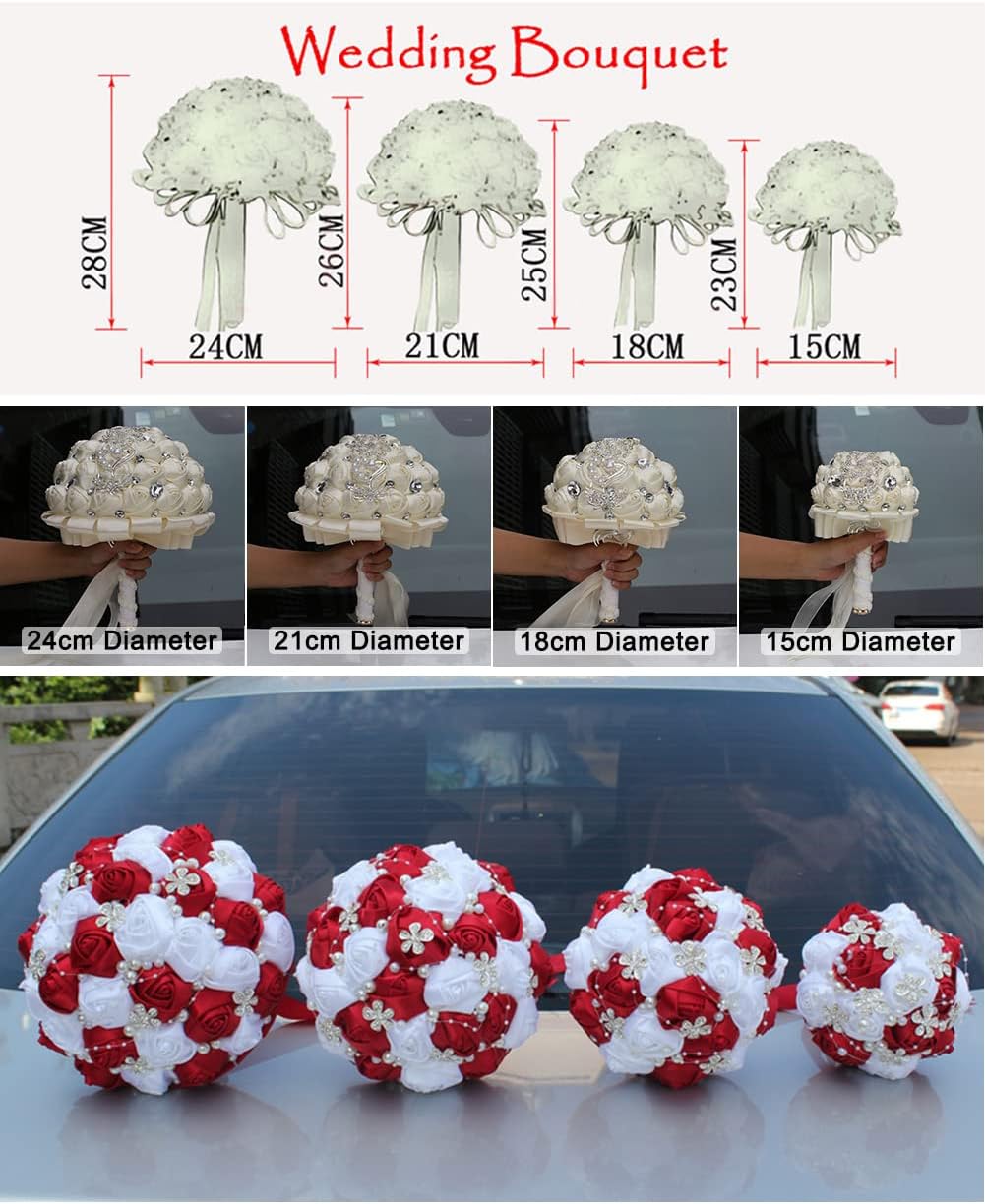 Sharebeauty 5.9 Inch Handmade Satin Rose Bridal Bouquet Toss Round Wedding Bouquet Throw Toss Artificial Flower Bunch Dark Red + Ivory - Image 7
