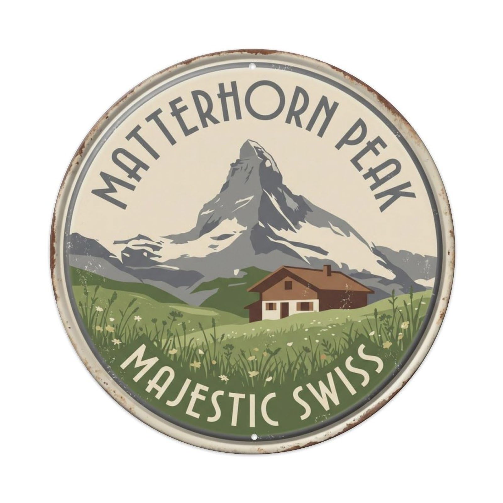 Matterhorn Peak Majestic Switzerland Mountain Metal Tin Sign Plaque Wall Decor for Cafe, Club Bar, Office, Home Garden Round Metal Poster 8x8Inch