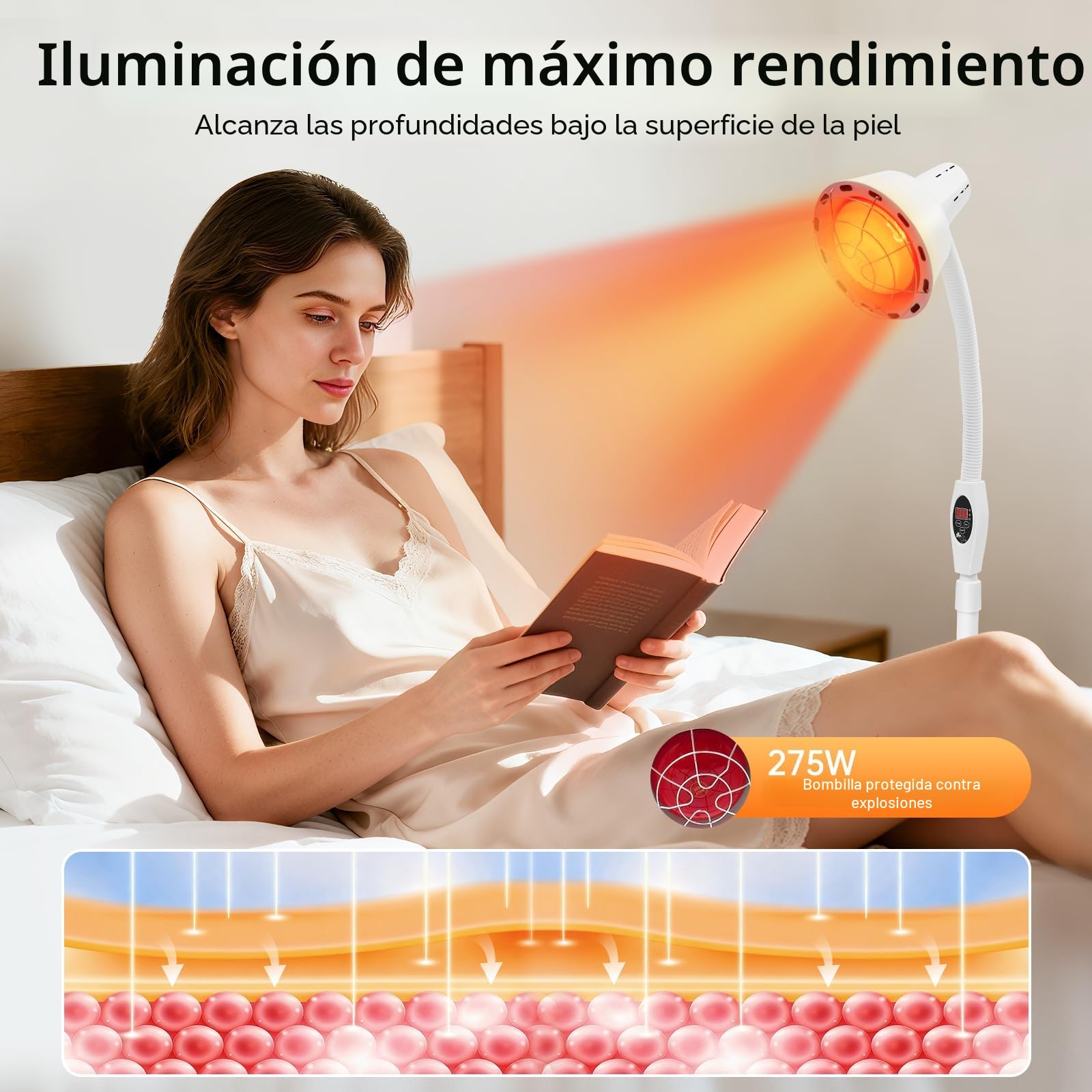 Lámpara de infrarrojos, 275 W, lámpara de luz roja, profesional para terapia de calor con control remoto, ajustable en altura, giratoria a 360°, con temporizador, para alivio del dolor y