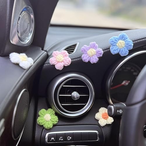 Miniatura 2 de Decoración de tablero de flores de ganchillo, 6 piezas de bonitos accesorios de automóvil para mujeres, estética interior, flores tejidas hechas a