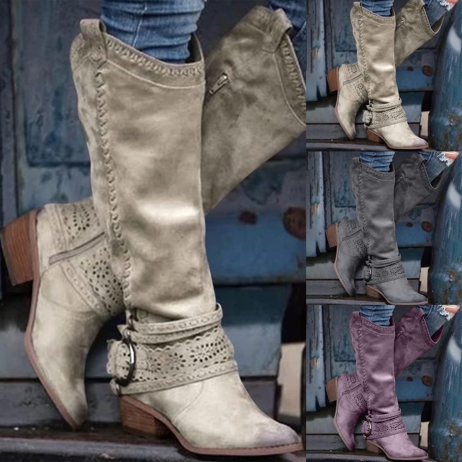 Stivali Donna Invernali, Scarpe Cowboy Western Donna Ginocchio da Bassi, Stivali Vintage Punta Affusolata con Cinturini e Fibbie, Cuoio di Suede, Stivali Lunghi Eleganti Vintage per Autunno Inverno