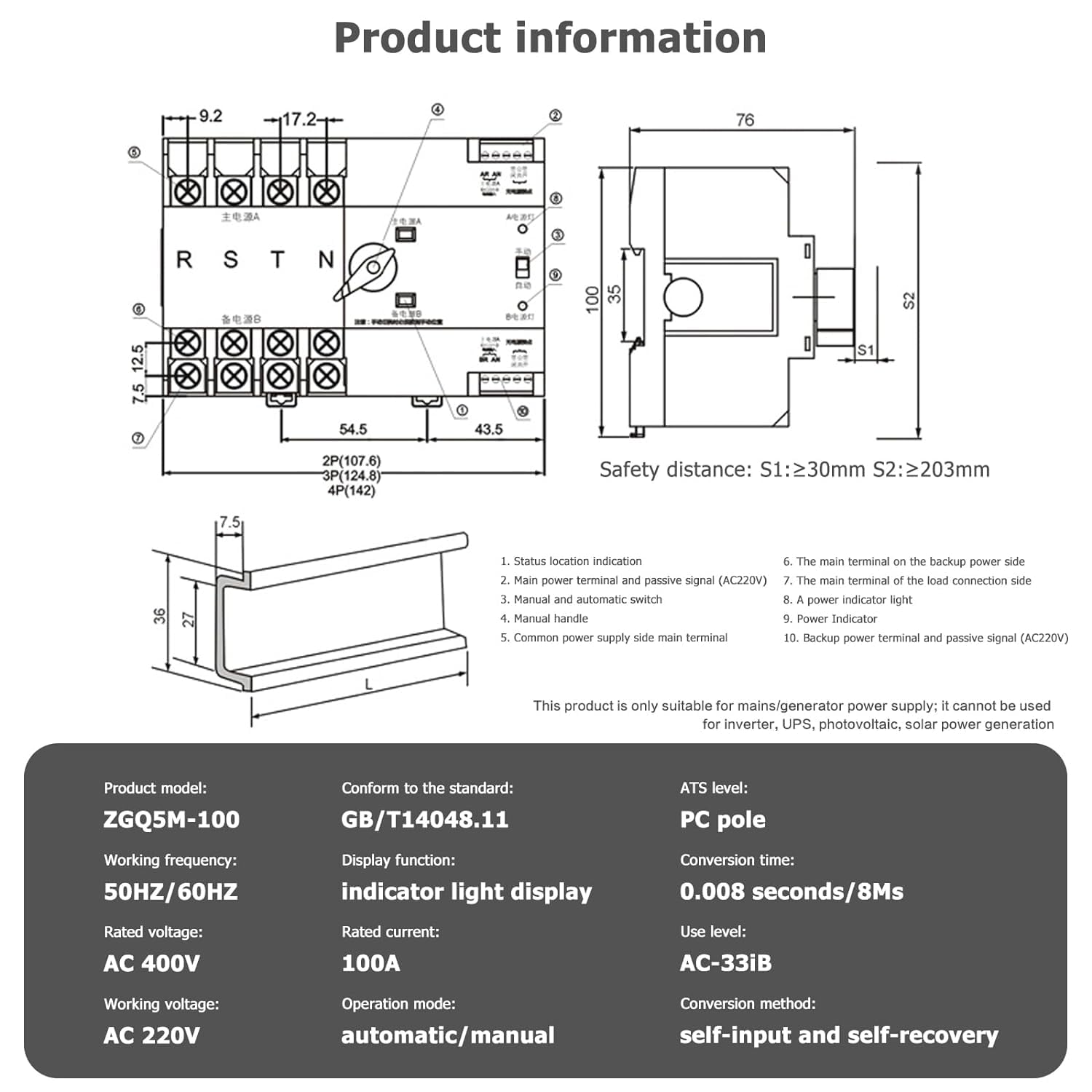 DEWIN Interruptor de Transferencia Automática,2P 220V 100A ATS Conmutador de Transferencia Automática de Doble Potencia Interruptores Selectores Eléctricos(ZGQ5-100)