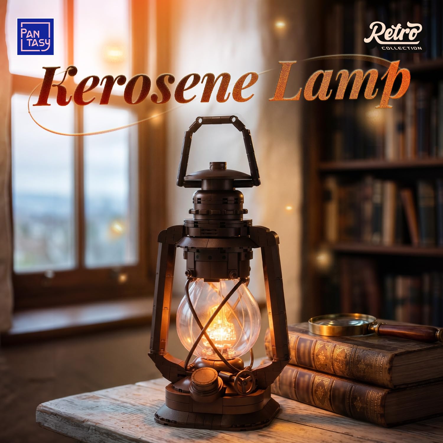 PANTASY Vintage Kerosinelamp met Licht, Bouwset voor Volwassenen | Retro model z klocków z efektem migoczącego płomienia, miedzianym wykończeniem i stylem dla kolekcjonerów.