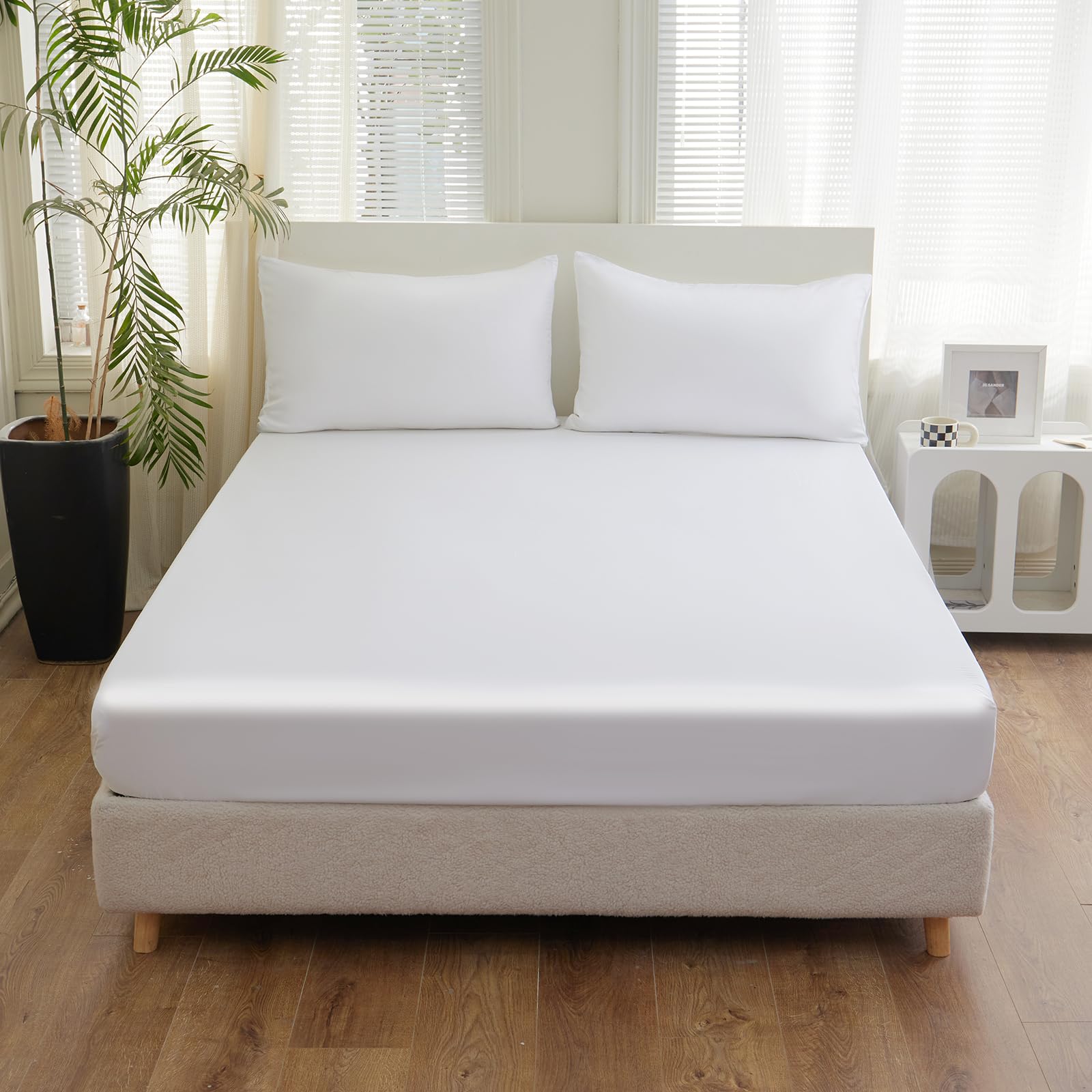 DuShow Organic Bamboo Fitted Sheet Only,Single White Fitted Sheet,Cooling Silky Fitted Bottom Sheet,Soft Deep Pocket Fitted Bed Sheets(White,Single)