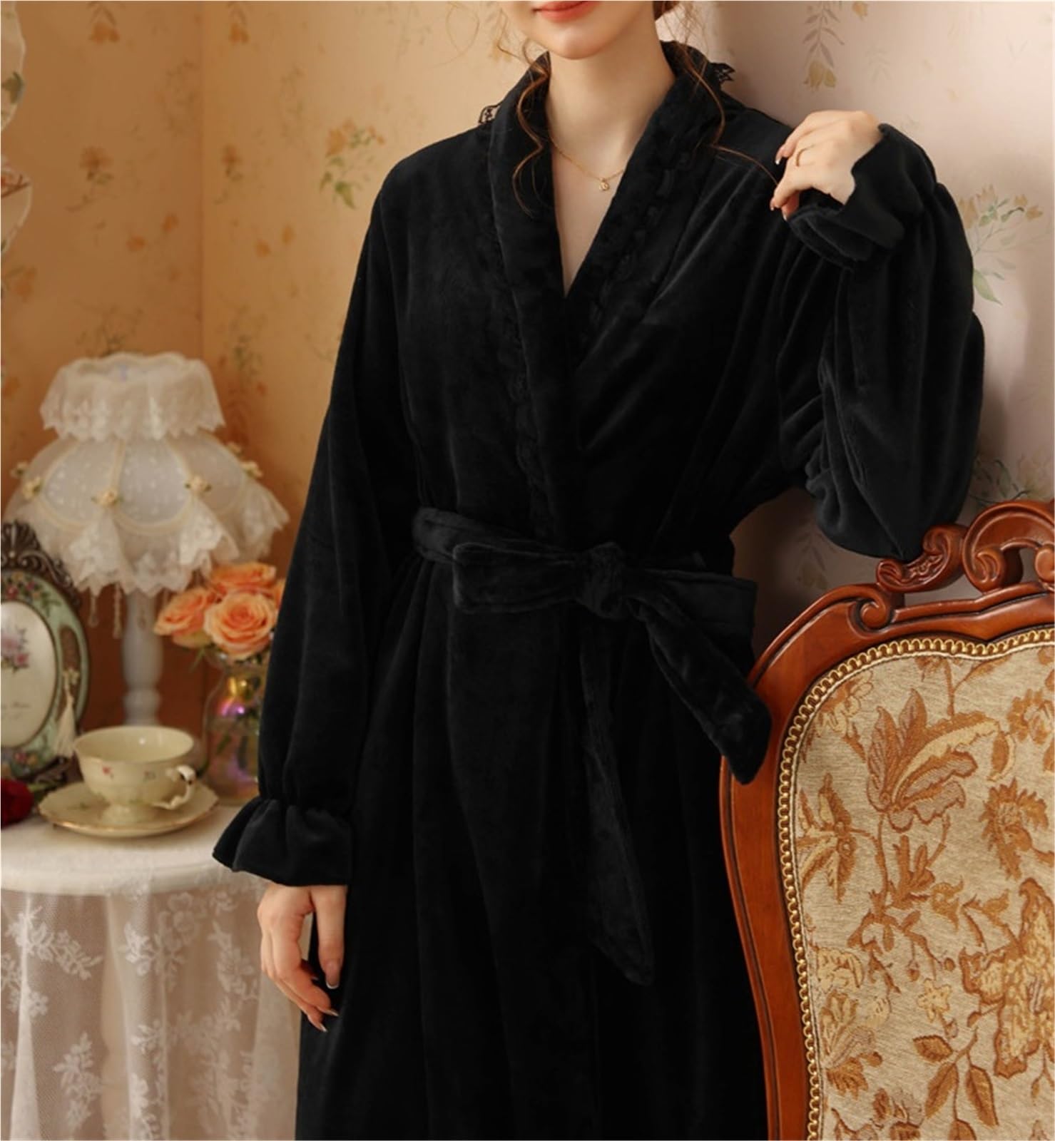 Albornoz Ducha Bata con Volantes For Mujer, Albornoz Largo Suave De Felpa, Lana Cálida, Camisón For Niñas Accappatoio para Viajes(Black,Large)