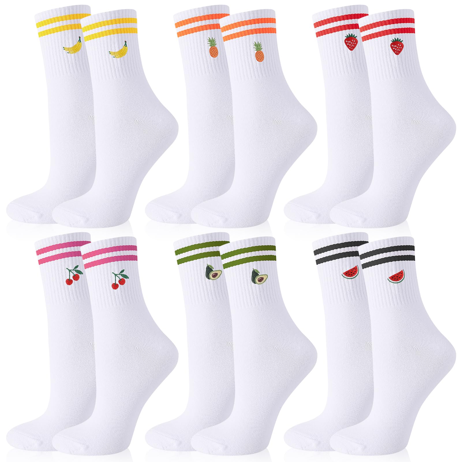 Utensilsto 6er Pack Tennissocken Sportsocken Damen 39-42 Weiße Socken mit Frucht Streifen Motiv Tennis Sport Socken Baumwollsocken Lustige Geschenke Für Damen Frauen Tennis Lauf Arbeit Sport weiße