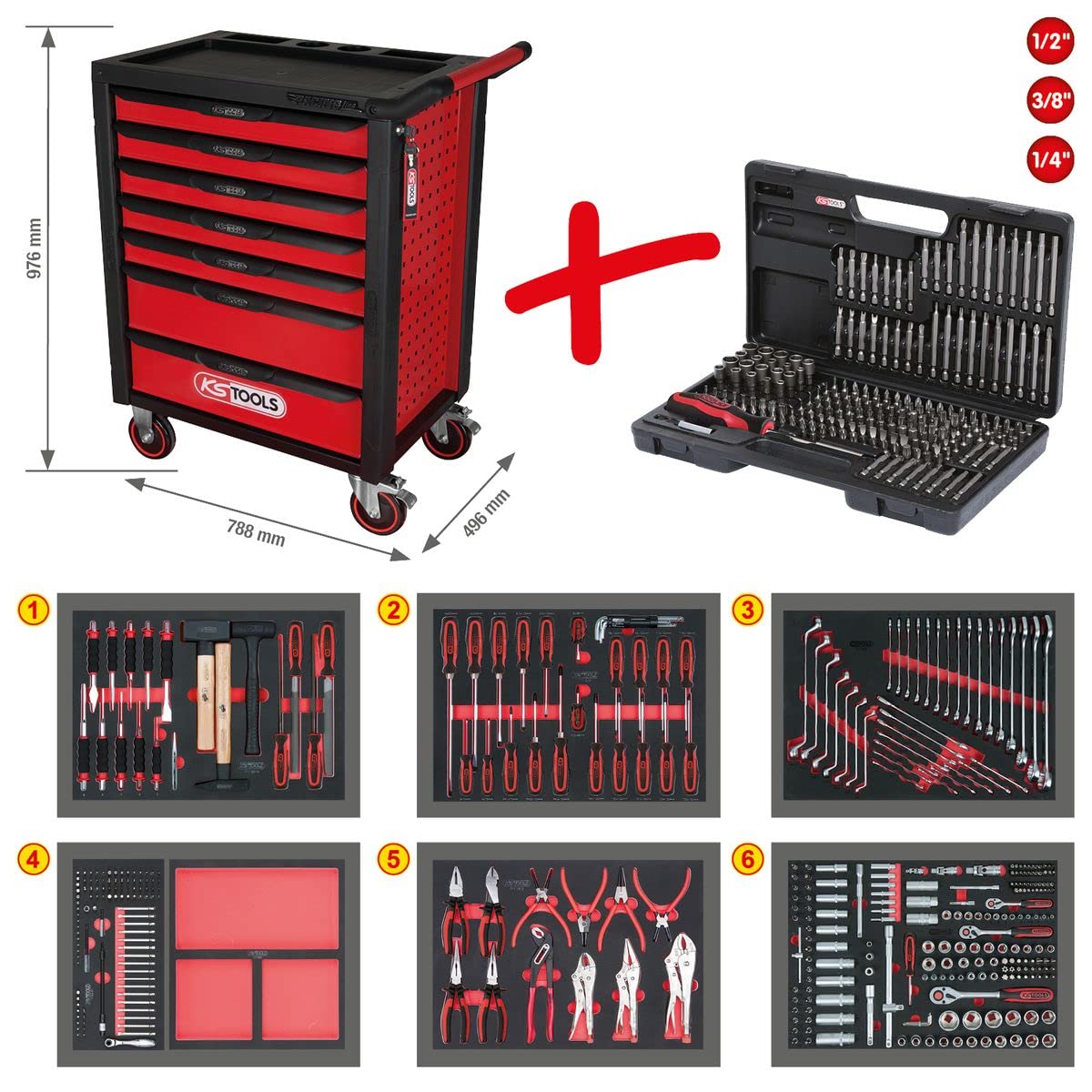 KS Tools 826.7598 Racingline Servante d'atelier Noir/Rouge avec 7 Tiroirs | Servante d'atelier RACINGline NOIR/ROUGE 7 tiroirs equipée de 598 outils, rangement atelier