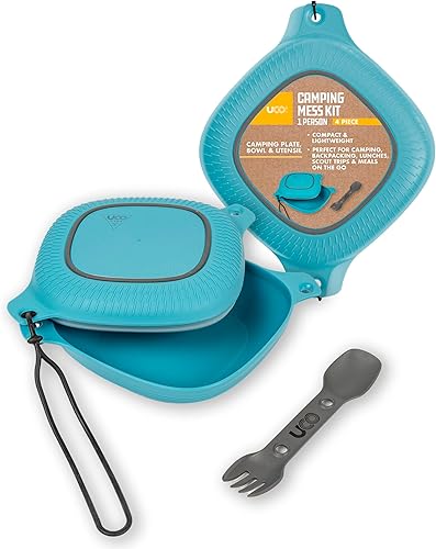 UCO Kit de 4 piezas para acampar con cuenco, plato y juego de utensilios de tenedor 3 en 1