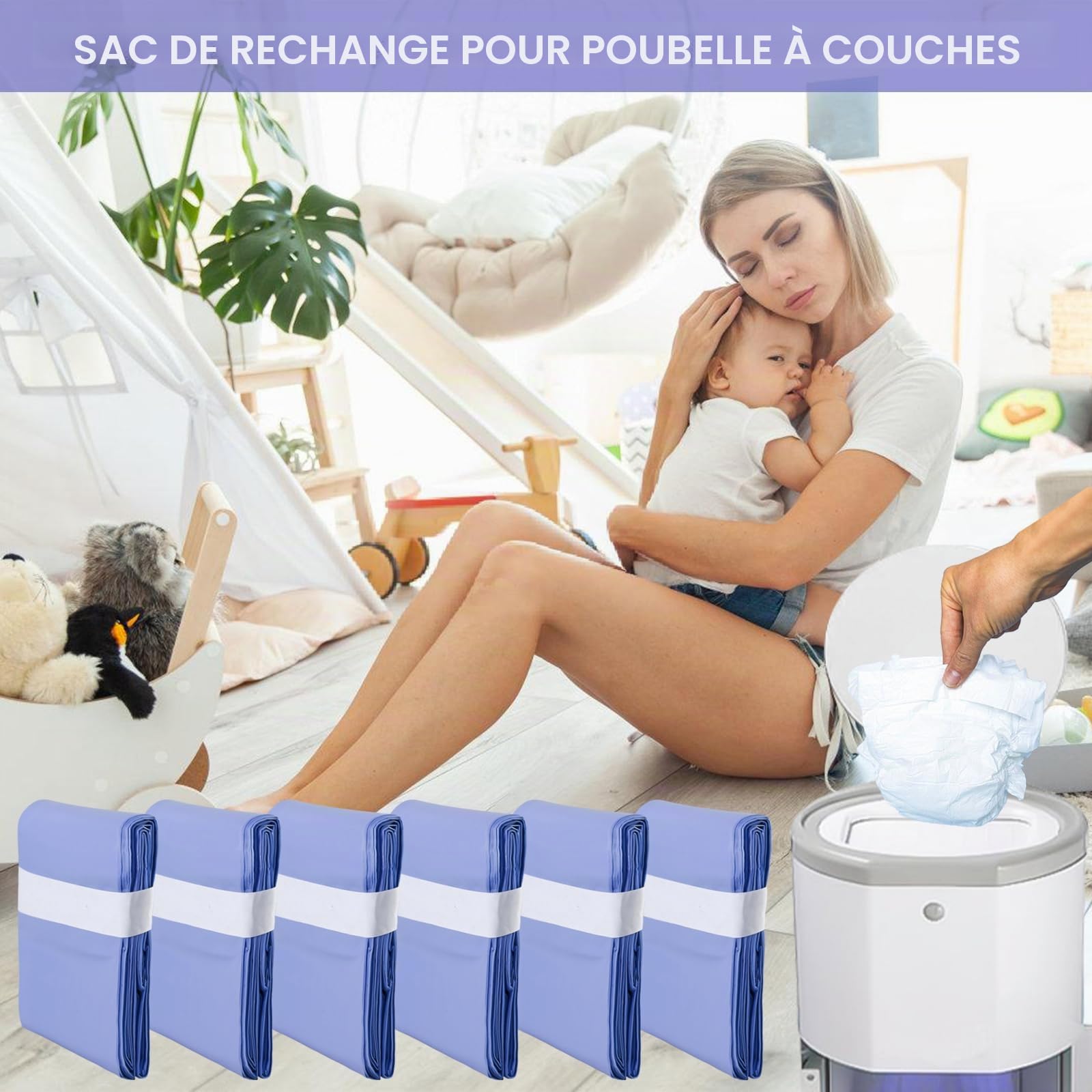 Lot de 6 recharges pour poubelle à couches, compatibles avec Korbell, recharge de 16 l, pour poubelle à couches, anti-odeur, violet