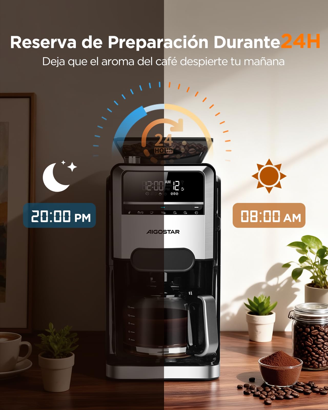 Aigostar Cafetera Goteo con Molinillo Incorporado, 7 Ajustes de Molienda | 1,5L (2-12 Tazas), 1400W Maquina de Cafe, 3 Concentraciones, Programable 24H con Mantenimiento de Calor, Negro