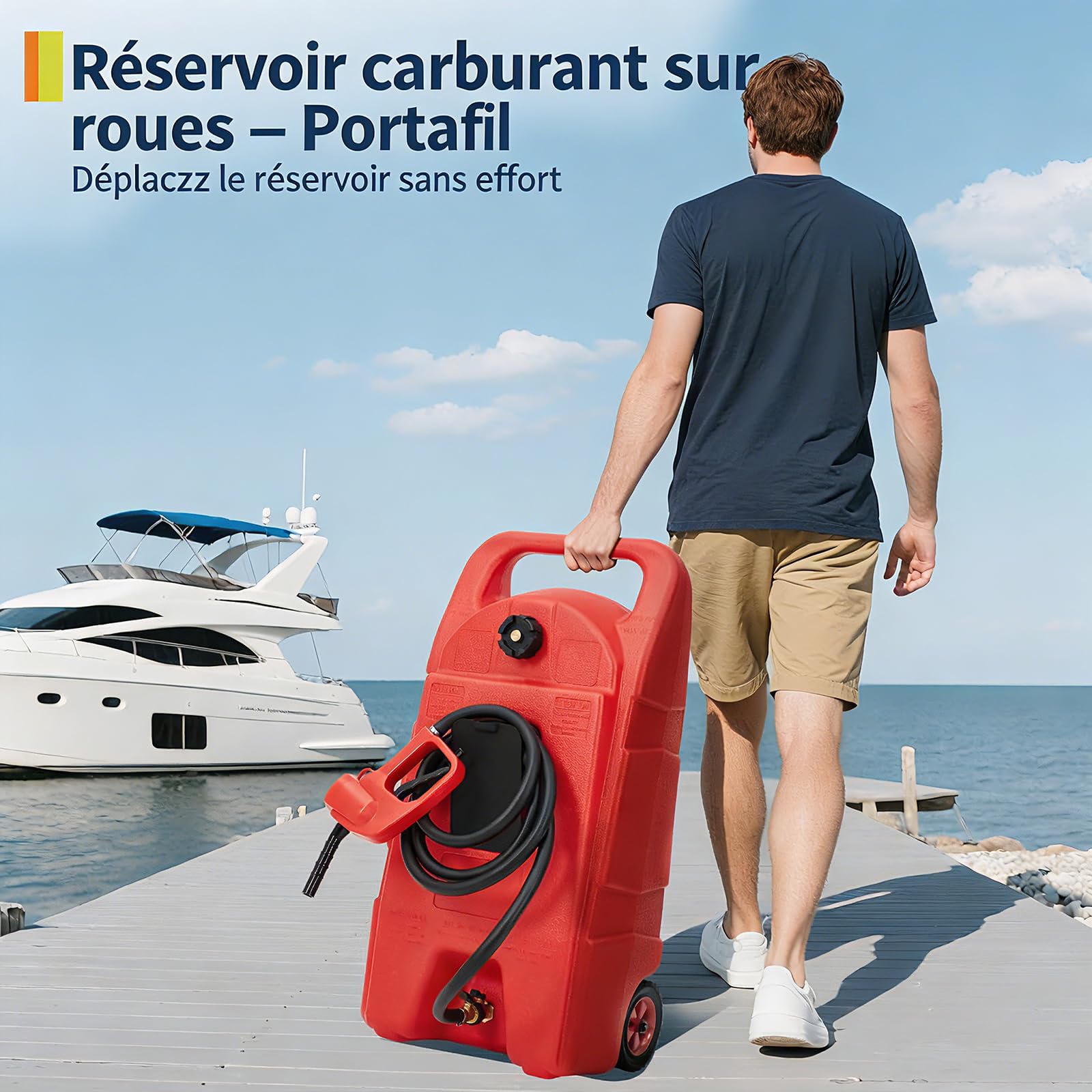 57L Réservoir Carburant Avec Roues, Jerrican Essence Avec Tuyau 3 m, Rouge