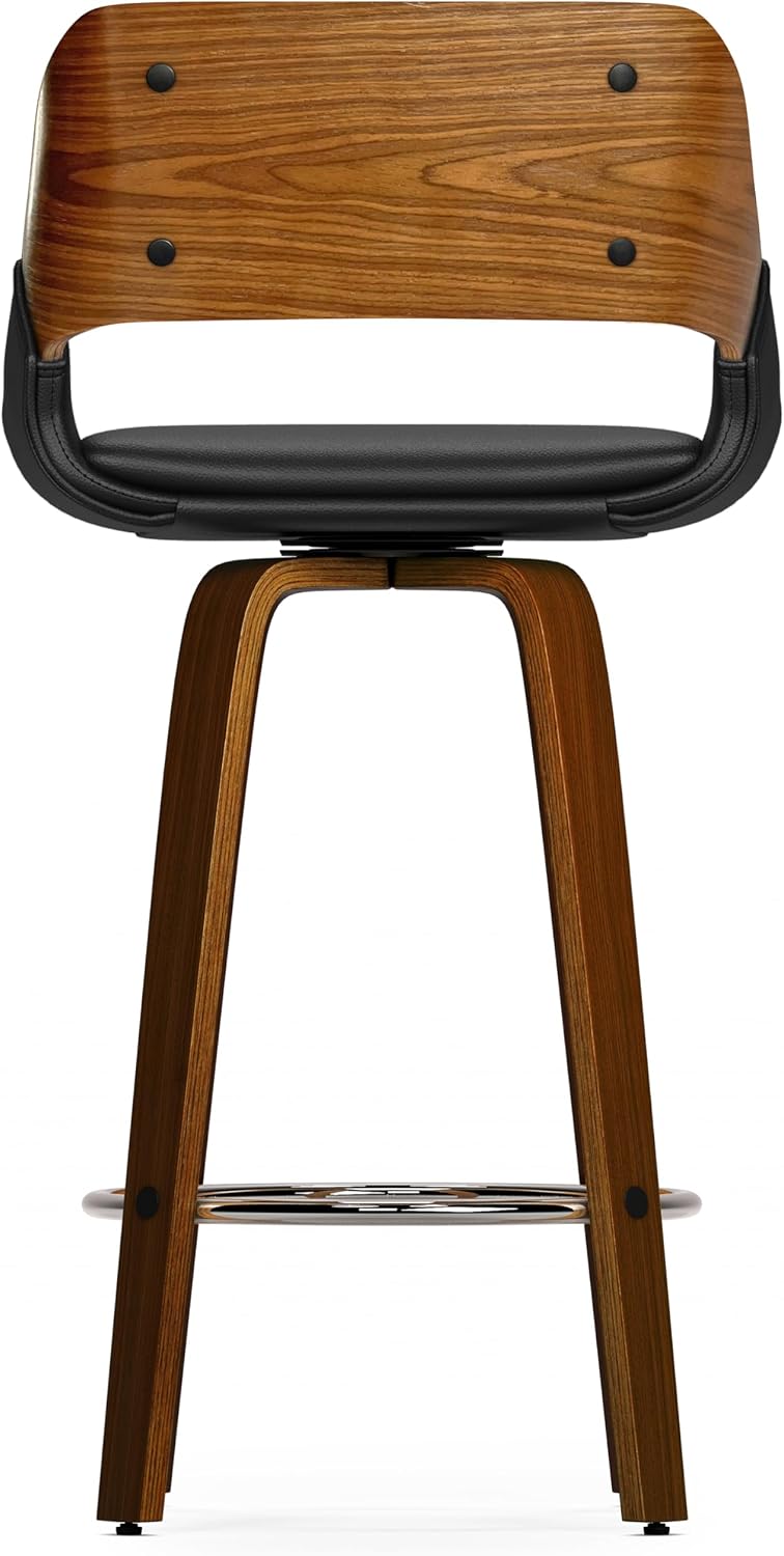 SIMPLIHOME Carly Swivel Bar Stools (Set of 2) - 16 inch Seat Height Upholstered Wood Chairs in Black PU Faux Leather, Contemporary Seating for Kitchen or Bar with Walnut Finish