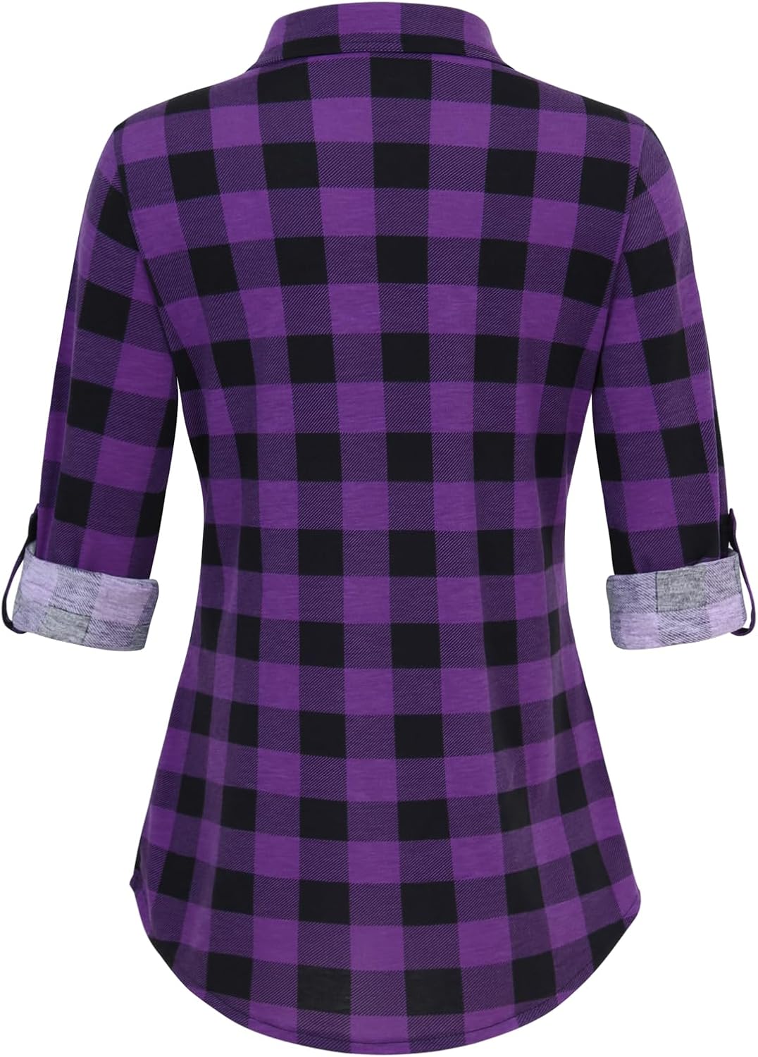 DJT Womens Soft Stretchy Knit Plaid Shirts Roll Up Long Sleeve Collared Button Down Blouses Tops - Image 3