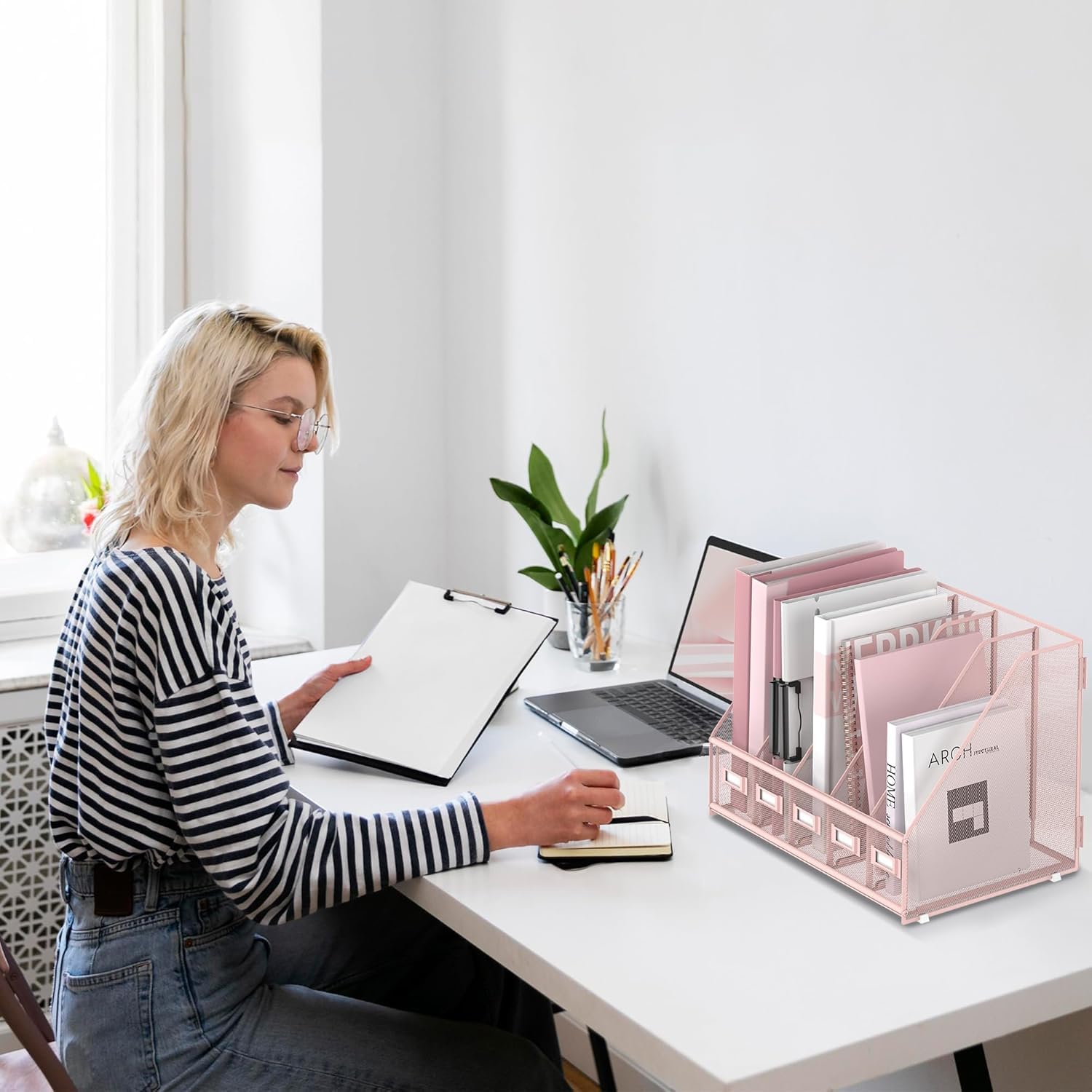 Organiseur de bureau en métal avec 5 compartiments verticaux pour bureau, rose
