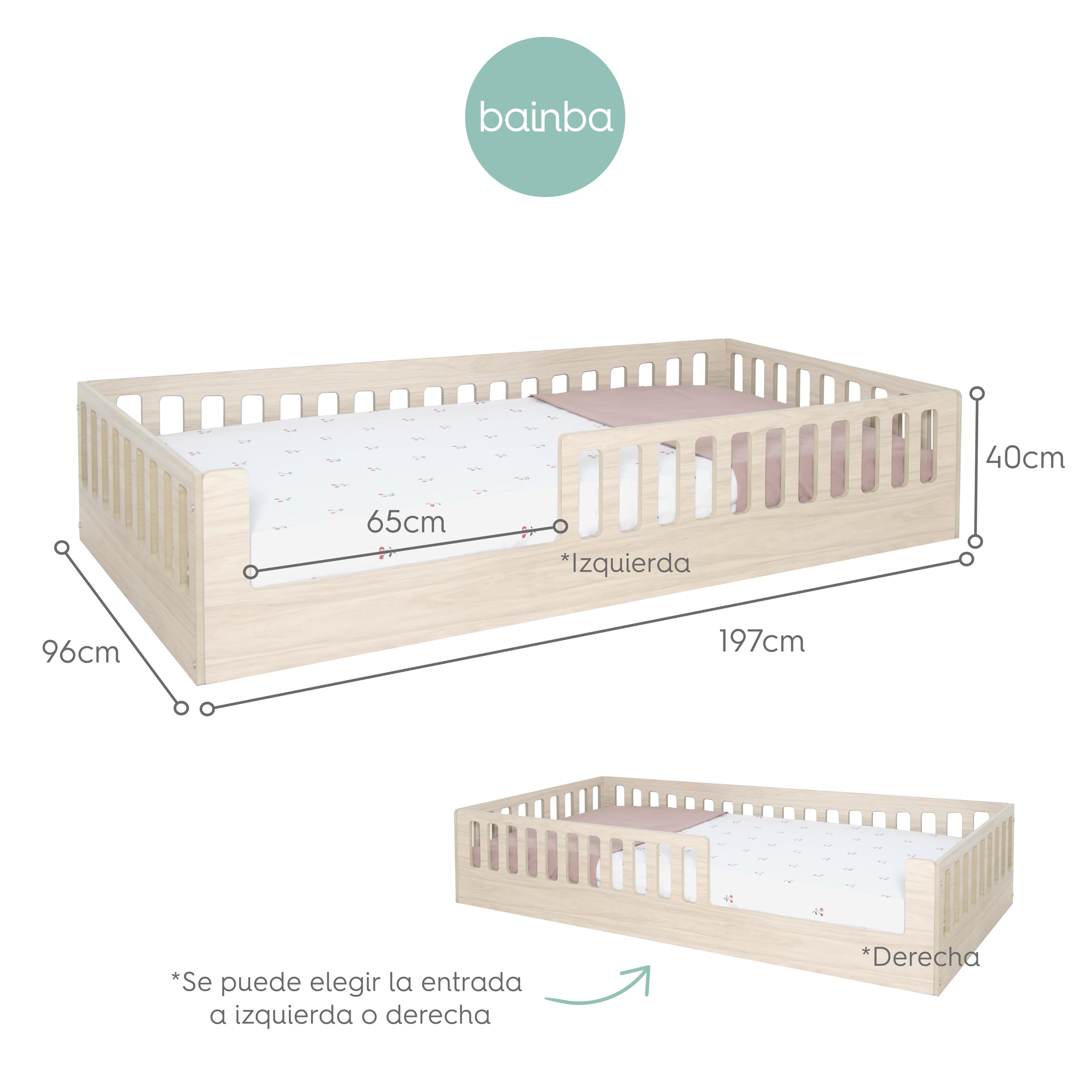 Bainba Cama Montessori BARROTES Creta 90x190 cm (Entrada Izquierda)