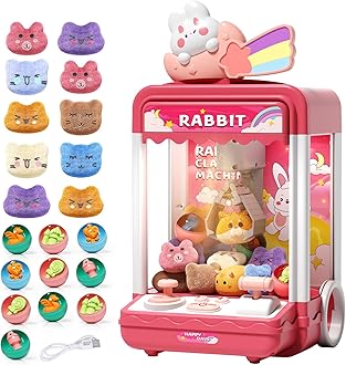 Kids Claw Machine, Mini Candy Vending Grabber, Prize Dispenser Toys for Girls and Boys, Electronic Claw Game Machine for Party Birthdays with Lights Sound, Includes 10 Plush and 10 Mini Toys