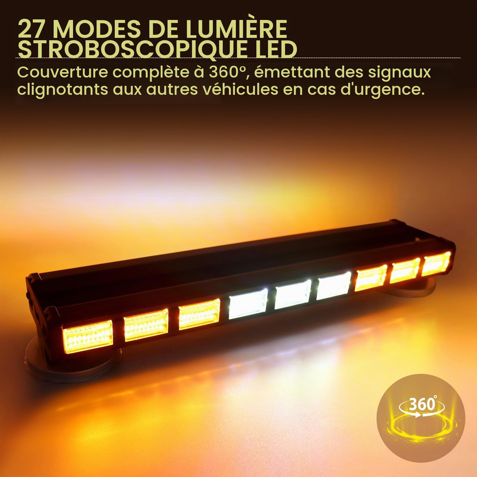 AnTom 2PCS LED Barre stroboscopique bilatéral 81W 9COB Rampe Gyrophare LED 9 * 27 LEDS Clignotant d'urgence 27 modes pour Voiture Véhicule Camion Remorque Caravane (ambre/blanc)