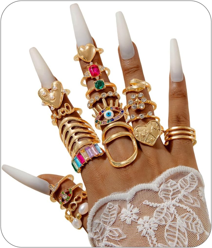 Vintage Gold Stackable Ring Set for Women Dainty Colorful Crystal Sparkle Knuckle Rings Pack Bohemian Pearl Chunky Ring Non Tarnish Statement Joint Finger Rings for Western Jewelry