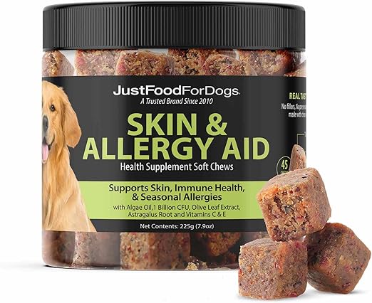 JustFoodForDogs Skin & Allergy Care Soft Chews Supplement for Dogs, Seasonal Allergies, Itchy Skin Relief, Inflammation, Immune Support - 45 Count