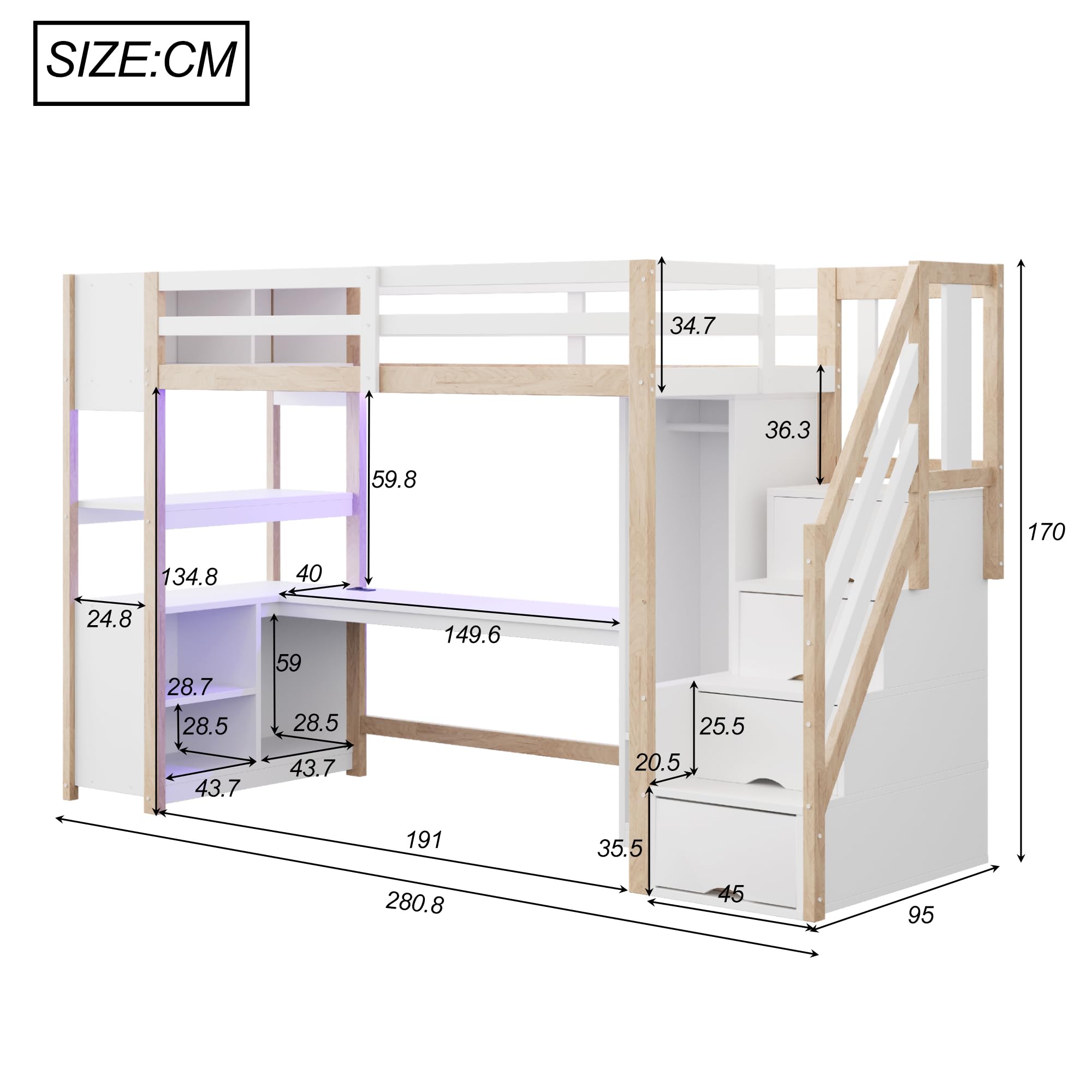 Merax Holz Hochbett 90 x 200 cm, mit Schreibtisch, Kleiderschrank, Treppe mit Stauraum, Regal und Ablagefach, Hochbett mit LED Lichtleiste und Steckdose, weiß & Holzfarbe (ohne Matratze)