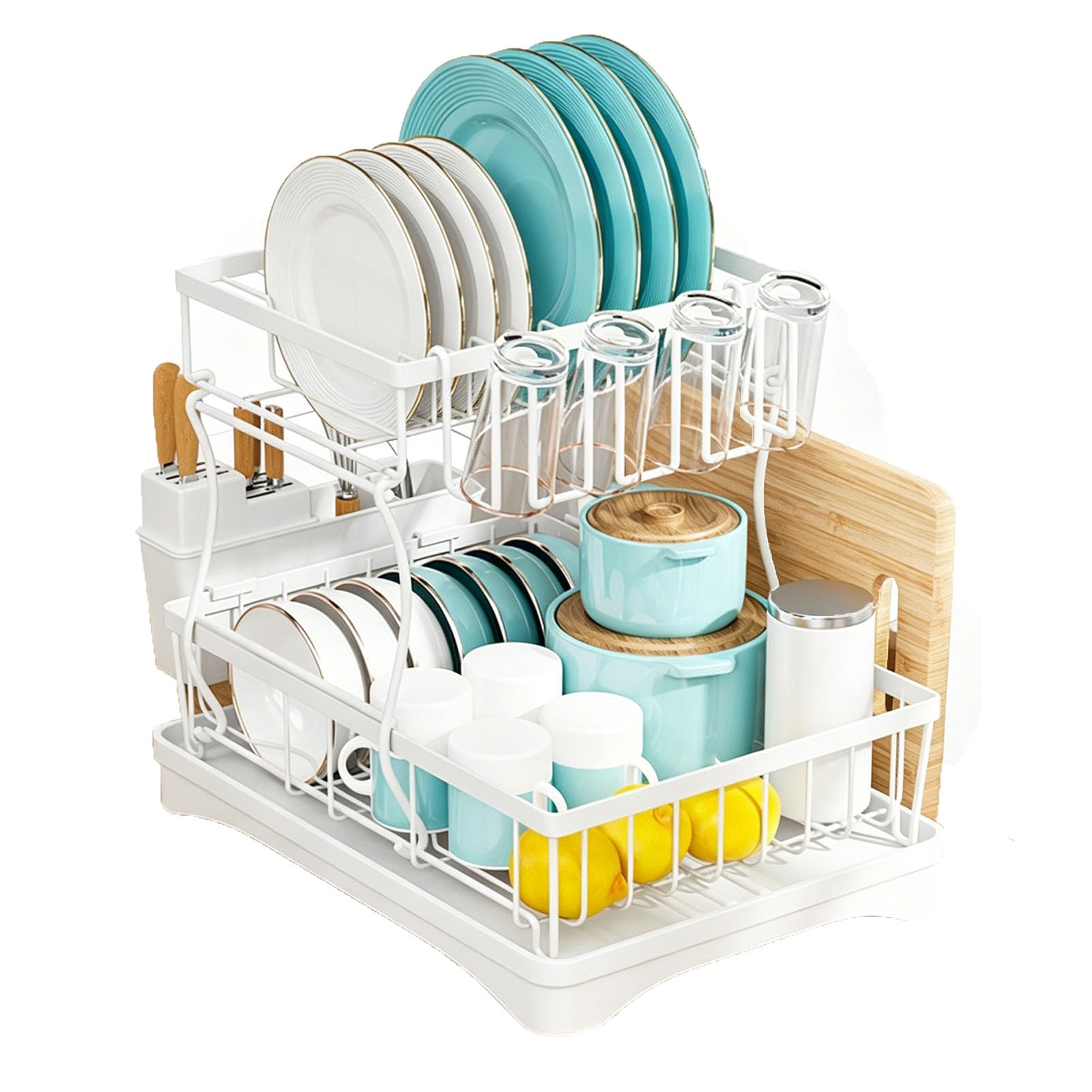 Tbatm White Kitchen Countertop Dish Storage Rack With Detachable Cutlery Compartment, Practical Two Layer Tableware Dryer Organizer For Various Dinnerware To Keep Cooking Area Neat And Tidy,,3 Tier