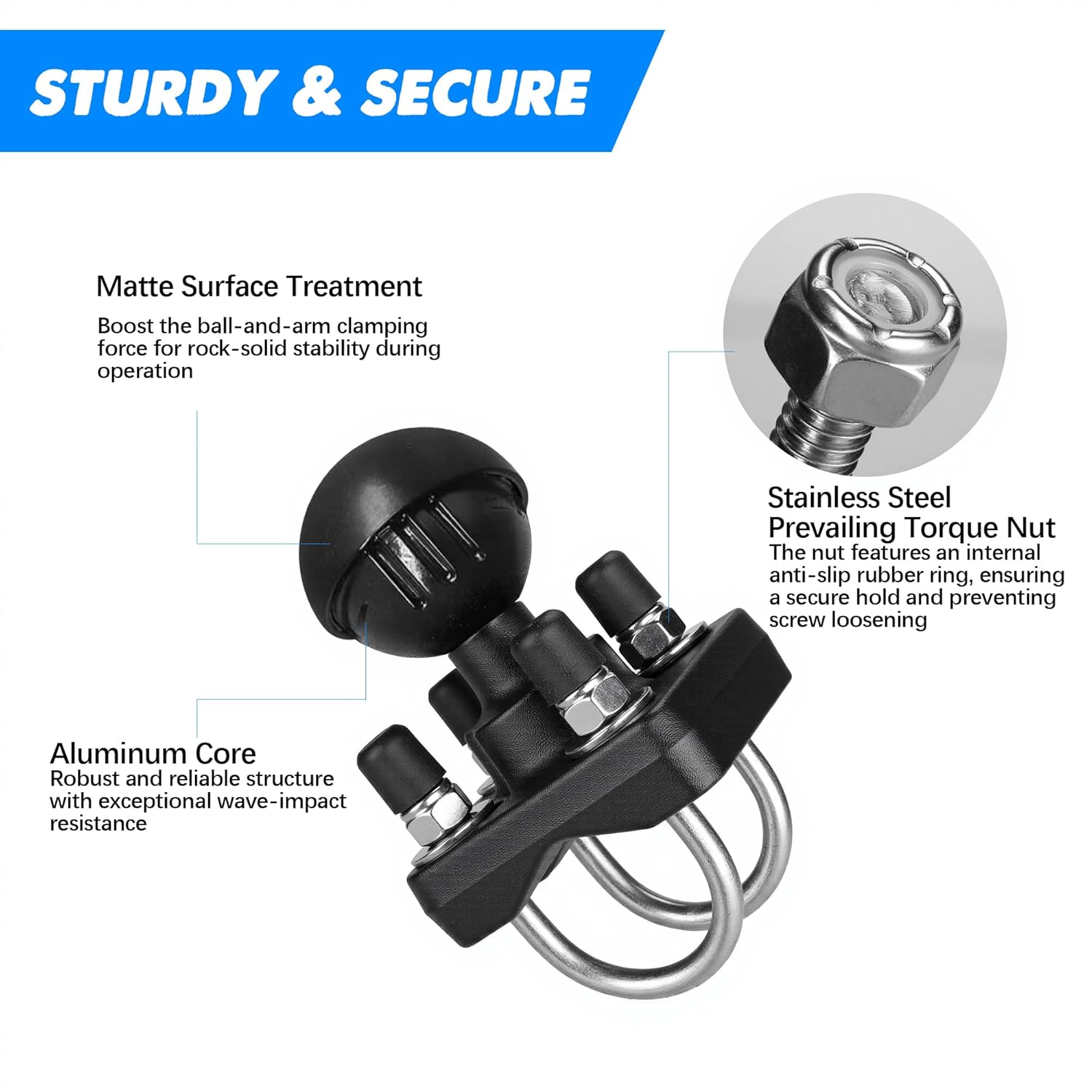 Double U-Bolt Fixed Base with 1.5" Ball. Suitable for Round Tubes and Half-Round Tubes with diameters ranging from 0.5in to 1.3in. Compatible C-Size 1.5-inch Ball Double Socket arm