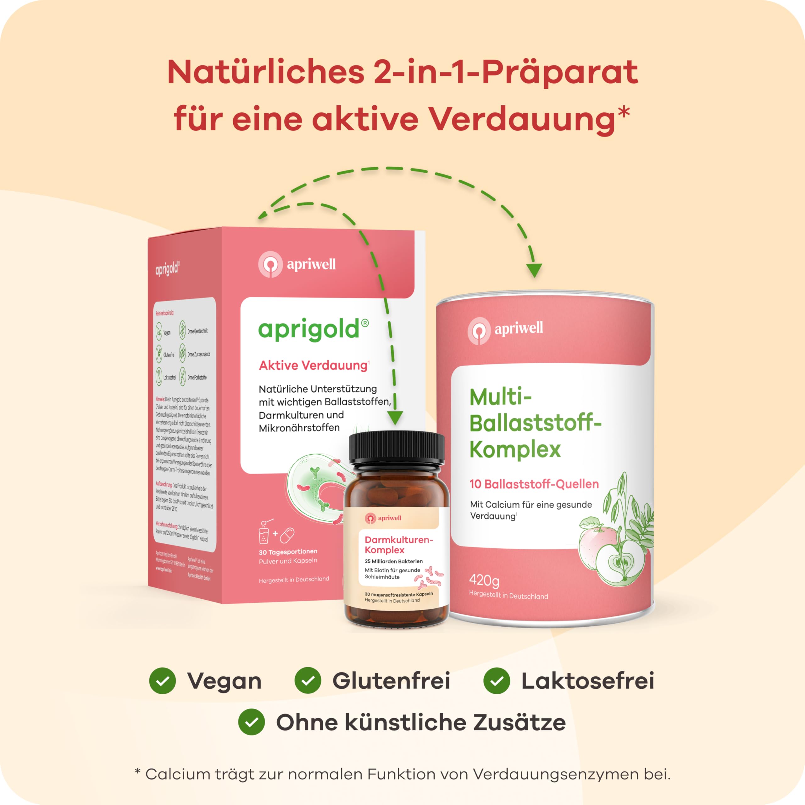 Aprigold aktive Verdauung 30 Portionen – Schwung, Regelmäßigkeit & Geschmeidigkeit für Verdauung und Stuhlgang – Mit Ballaststoffen & Darmbakterien – 420g Pulver & 30 Kapseln
