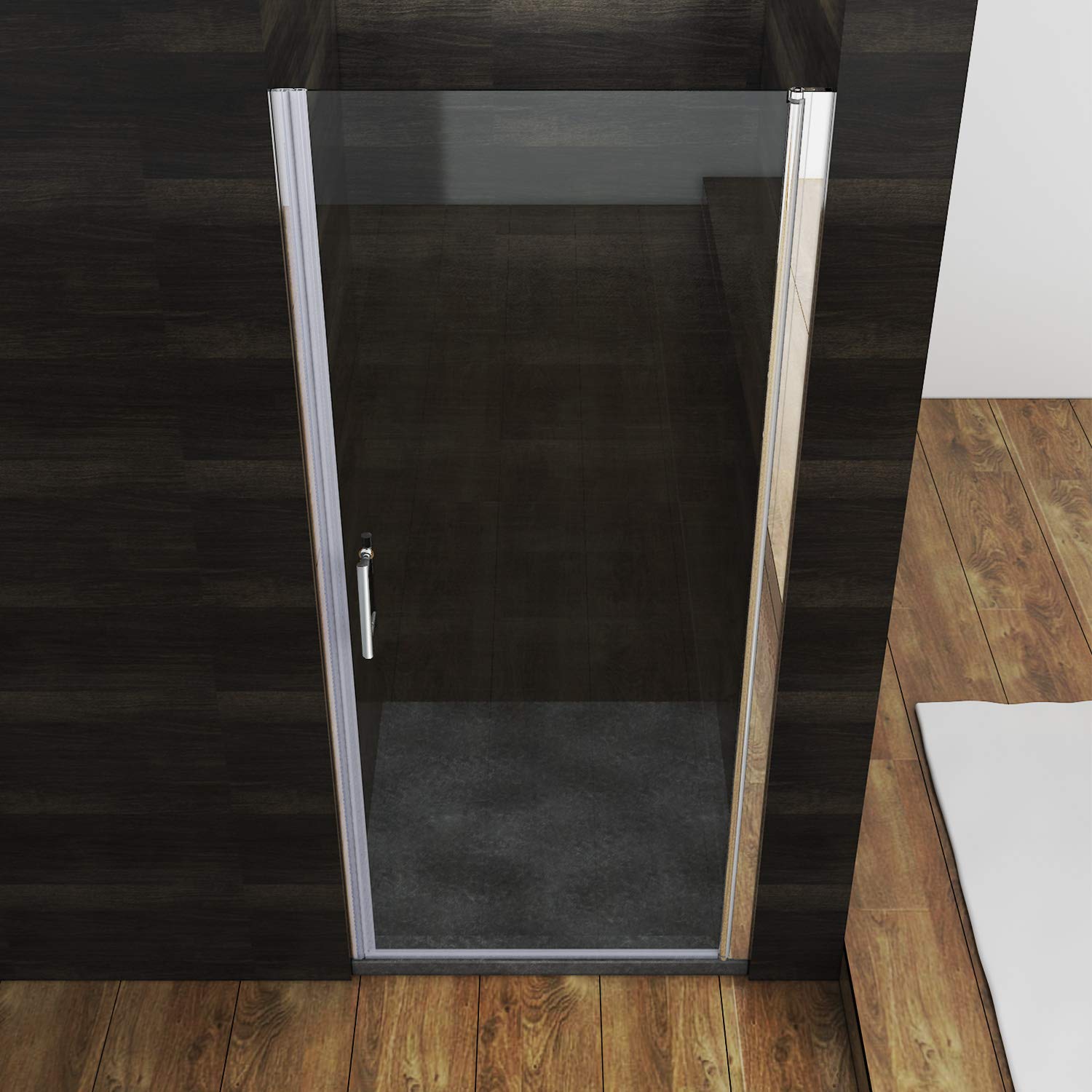 SONNI Pendeltür für Nische mit 5 mm ESG-Nano, Duschtür, Silber, 90x185 cm | ESG-Nano-Glas, Hebe-Senk-Pivotsystem, Edelstahl-H-Griff, rahmenlos, nach außen öffnend, beidseitig montierbar