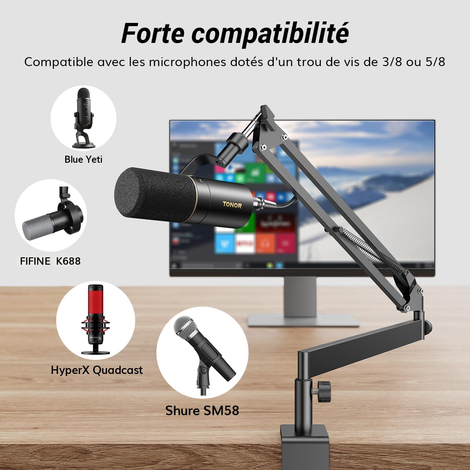 TONOR Bras de Microphone, Bras de Micro à Profil Bas de Première Qualité pour Streaming, Recording, Entièrement Ajustable 360° Rotatif 90° Pliable pour Podcasting, Gaming, 38 cm +35 cm, Noir, T20LP