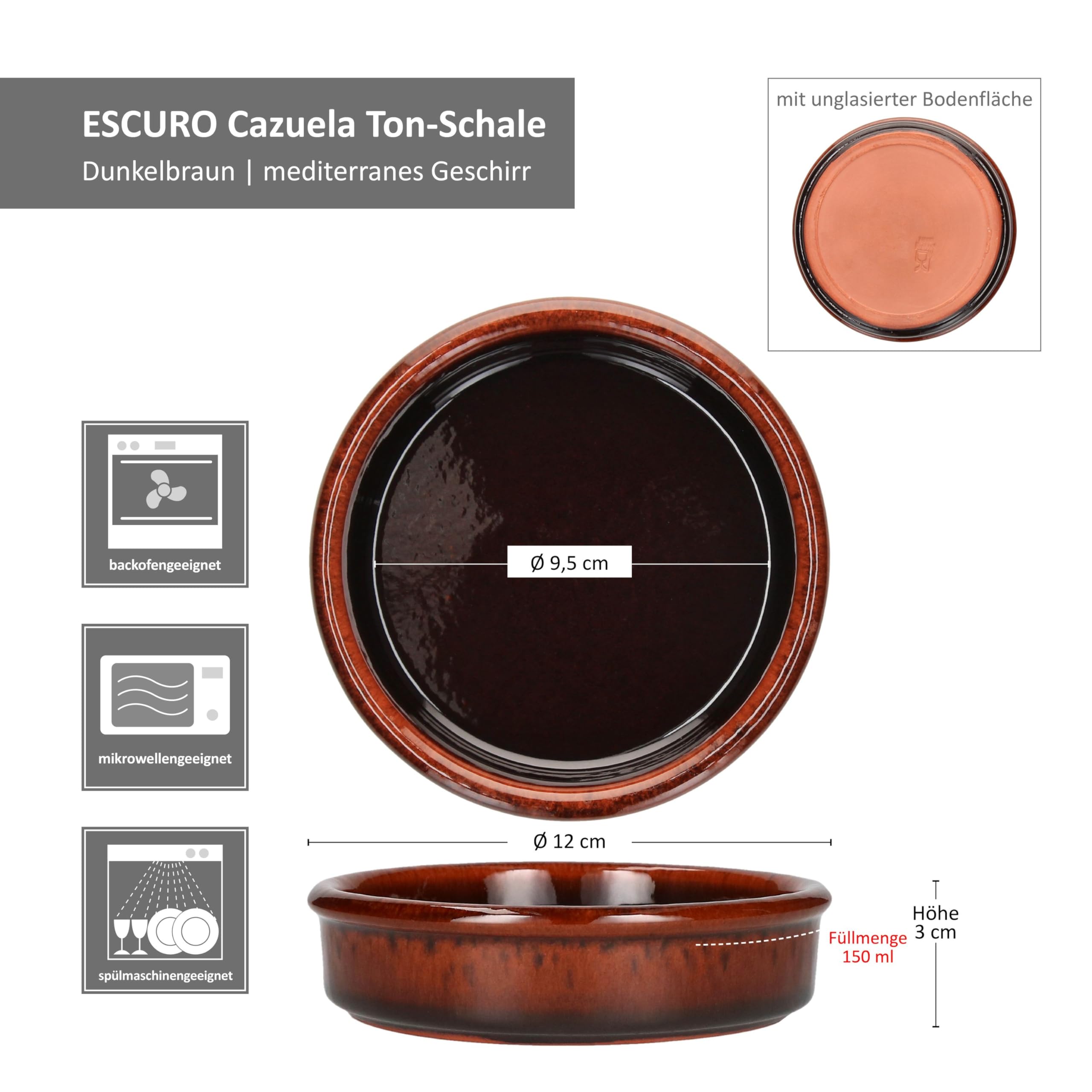 MamboCat Tapas-Schale Aus Ton, 33,5 Cm – Dunkelbraune Schale Mit Integriertem Dip-Schälchen Für Antipasti, Fingerfood & Tapas