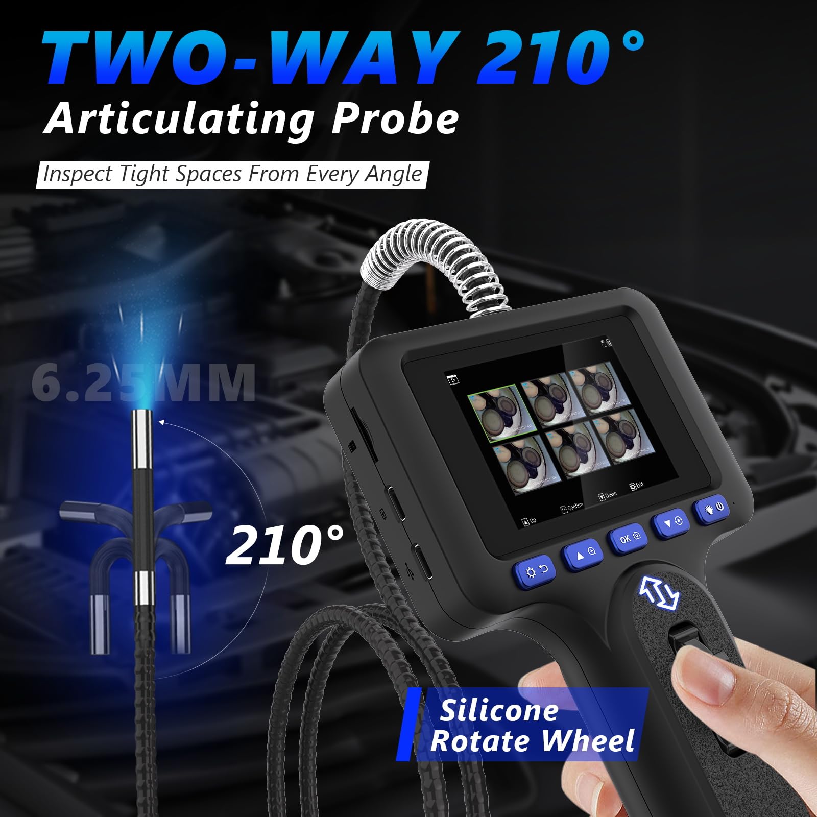 Cámara de inspección de 210° con luz, 1080P IP67, resistente al aceite, sonda de 6,25 mm, cámara endoscópica de 2,8 pulgadas, pantalla IPS de 32 GB, para reparación de vehículos, inspección de tubos