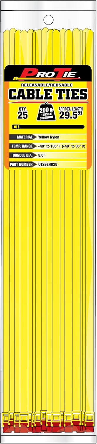 Pro Tie QT29EHD25 29-Inch Quik Tie Reusable Quick Release Cable Tie, Yellow Nylon, 25-Pack