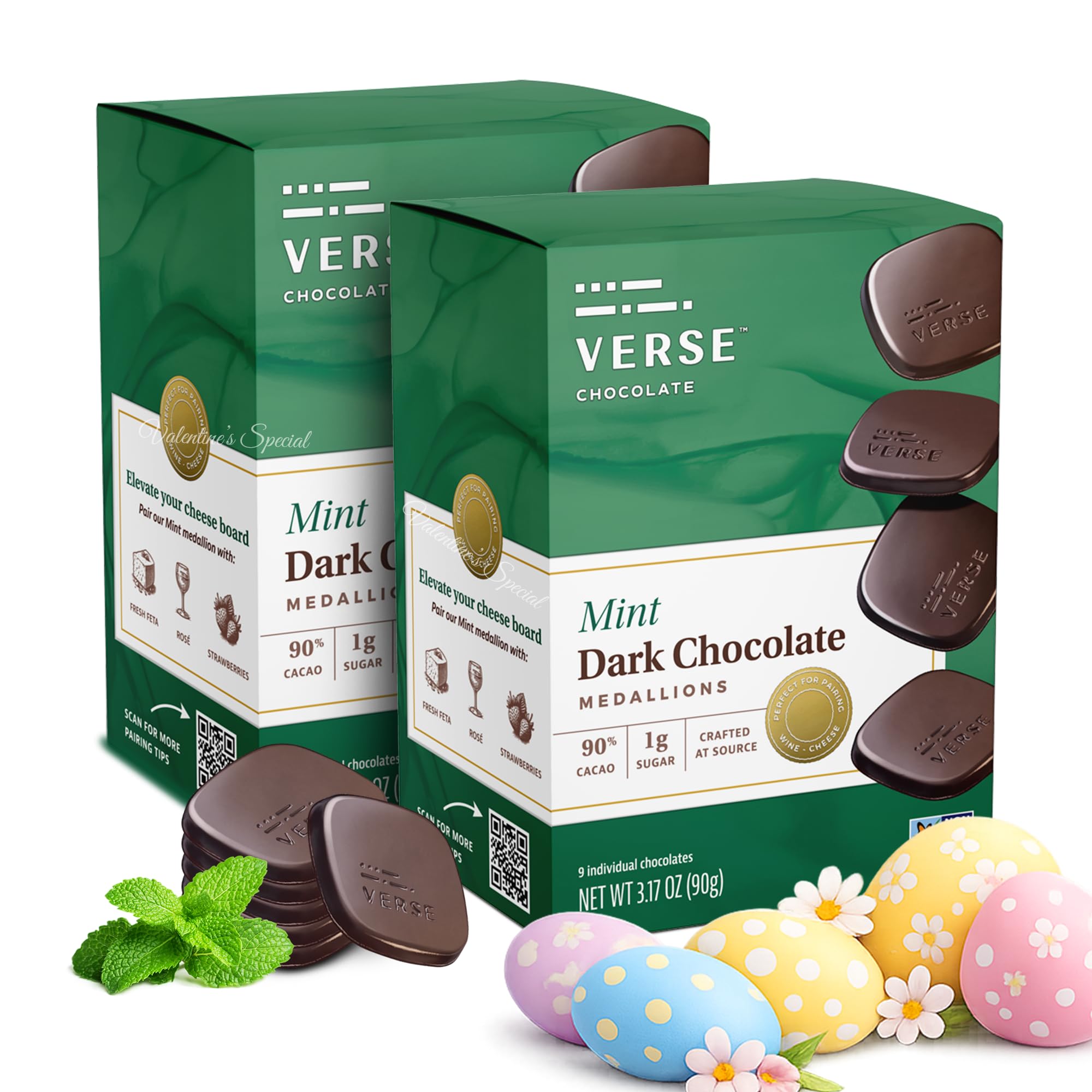 Verse 90% Dark Chocolate Mint Squares - Creamy Dark Cocoa w/ 1g Cane Sugar - Individually Wrapped Easter Candy For Egg Hunts, Birthdays And Festive Baskets (9 Count, 2 Pack)