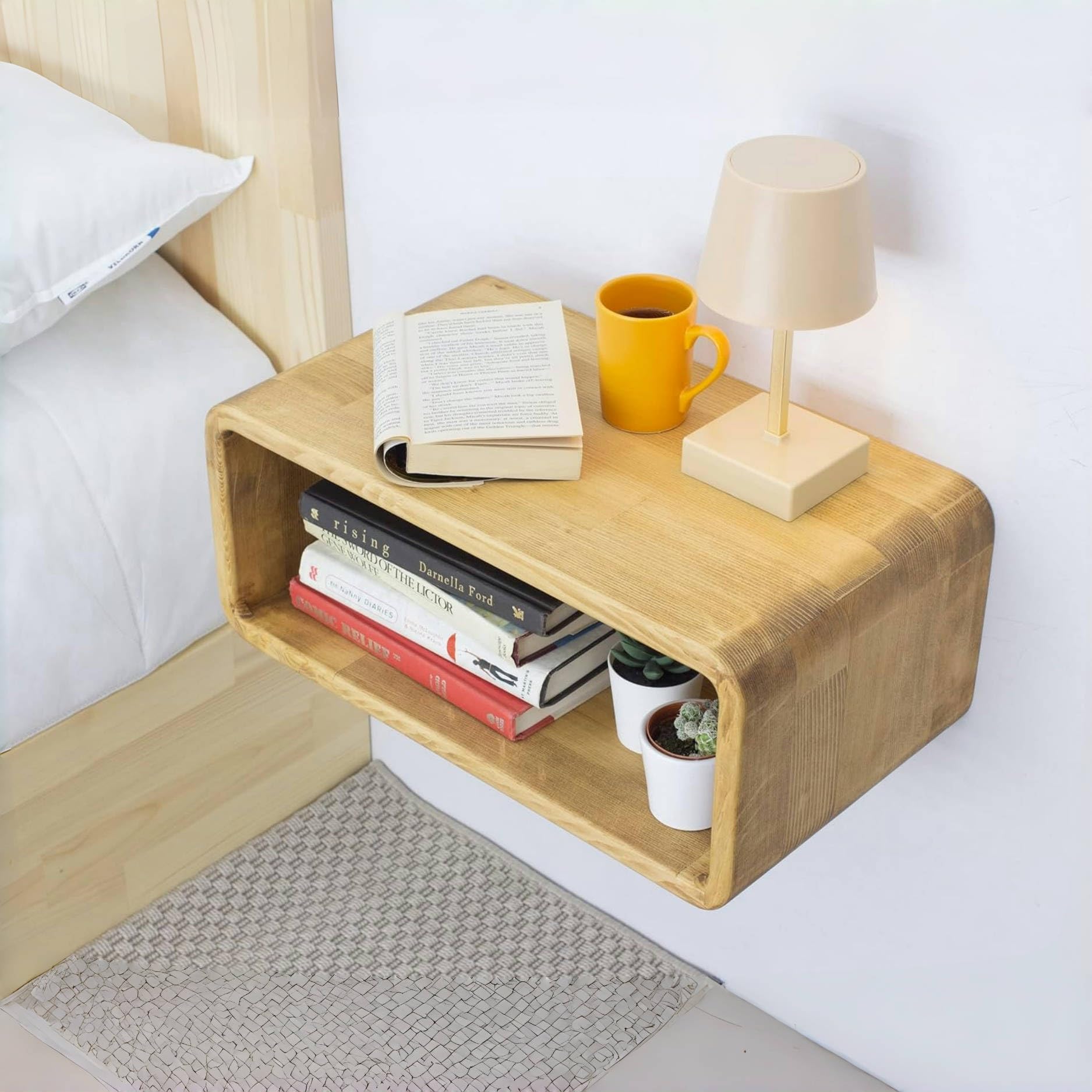 LUOFENGYANG Floating Bedside Shelf, Wall Mounted Nightstand with Storage Space, Natural Wood