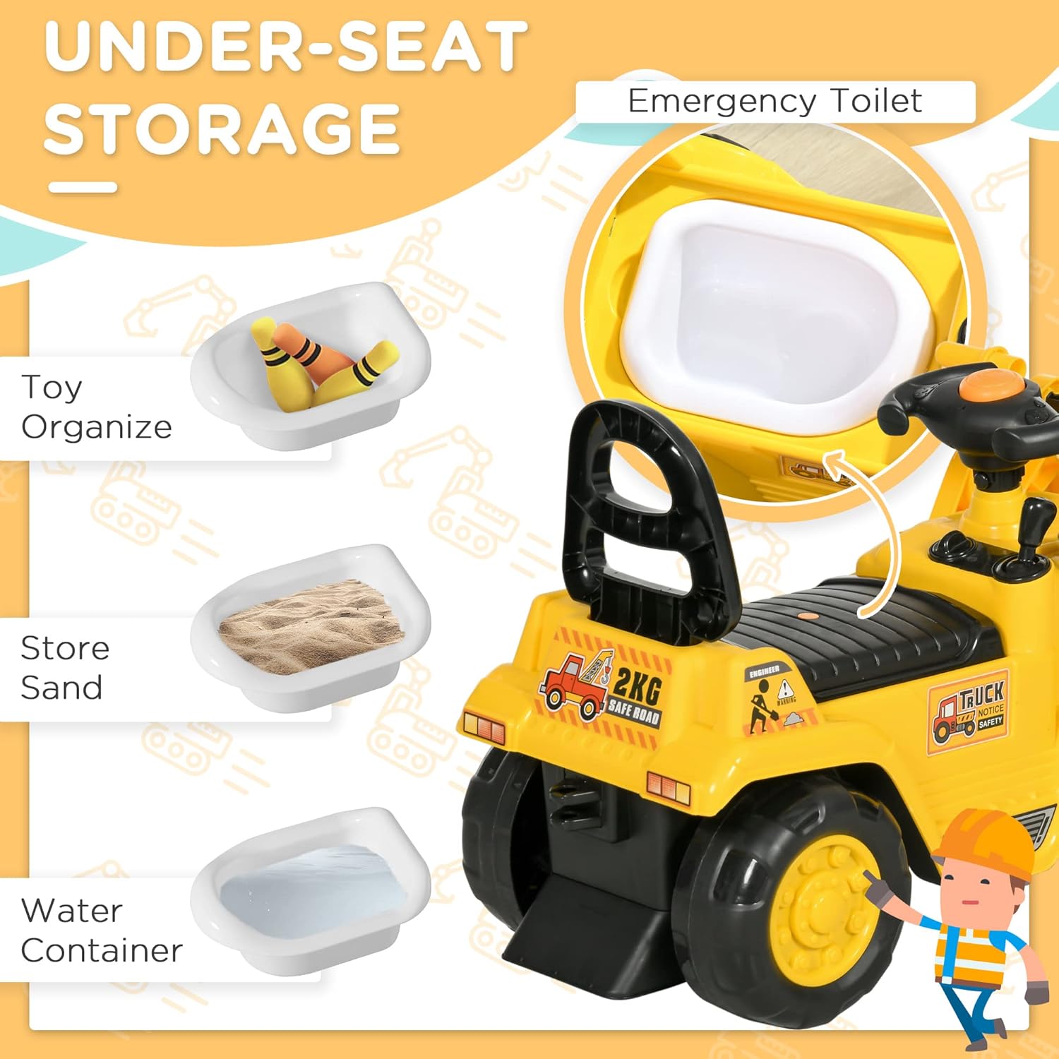HOMCOM Ride On Excavator, Kids Bulldozer Pull Cart with Horn, Under Seat Storage, Sit and Scoot Pretend Play Toy Construction Car for Ages 18-48 Months
