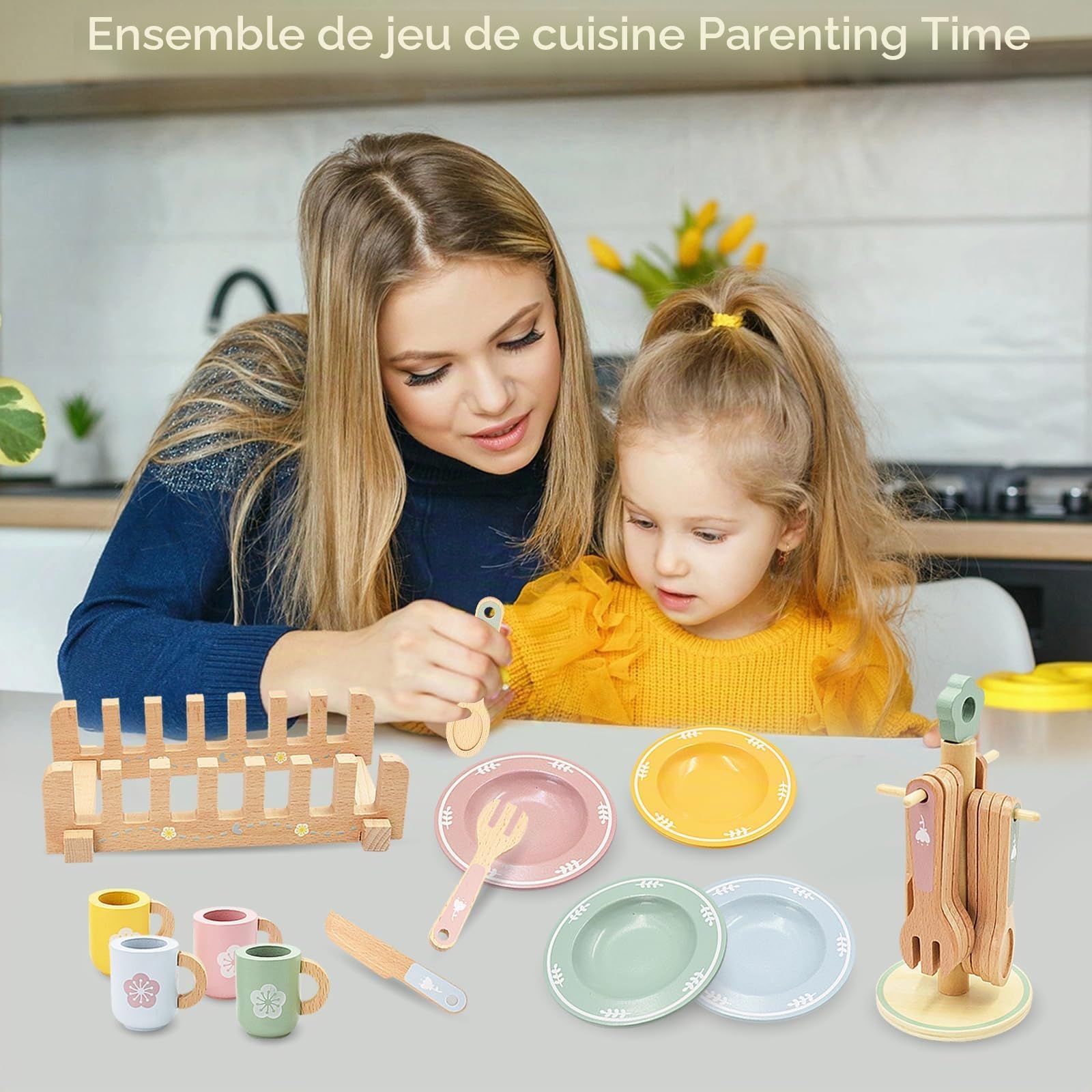 Dinette en Bois Enfant, Lot de 22 Jouets de Cuisine en Bois pour 4 Personnes, Jeu de Vaisselle de Cuisine, Accessoires Cuisines pour Enfant, Jouet de Jeu de Rôle pour Filles Garçons 3+ Ans
