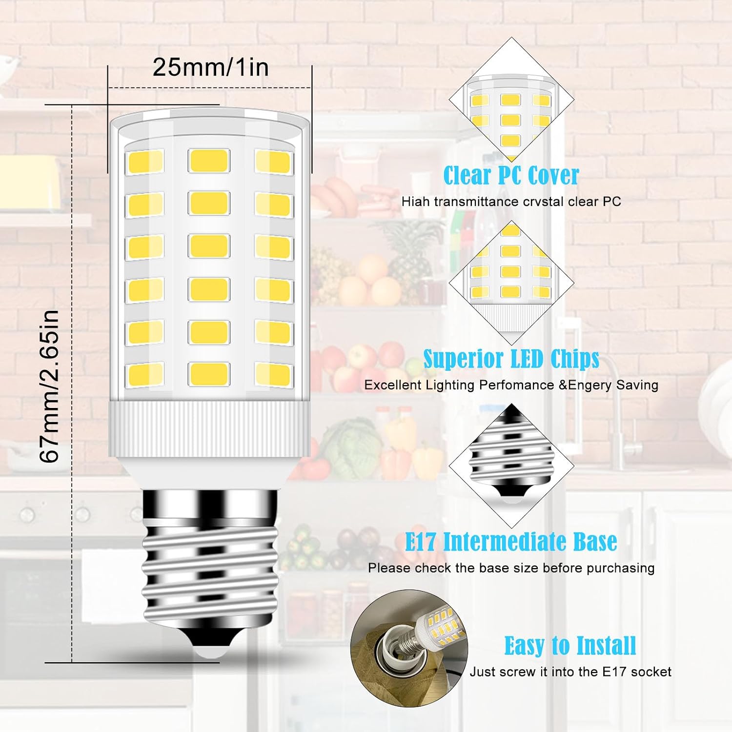 Led Freezer Light Bulb KEL 2811 2815 KEI D28A 6W Equivalent 100-265v 3.8w Refrigerator E17 Appliance Daylight White 6000K Range Hood 5000K Pack of 3