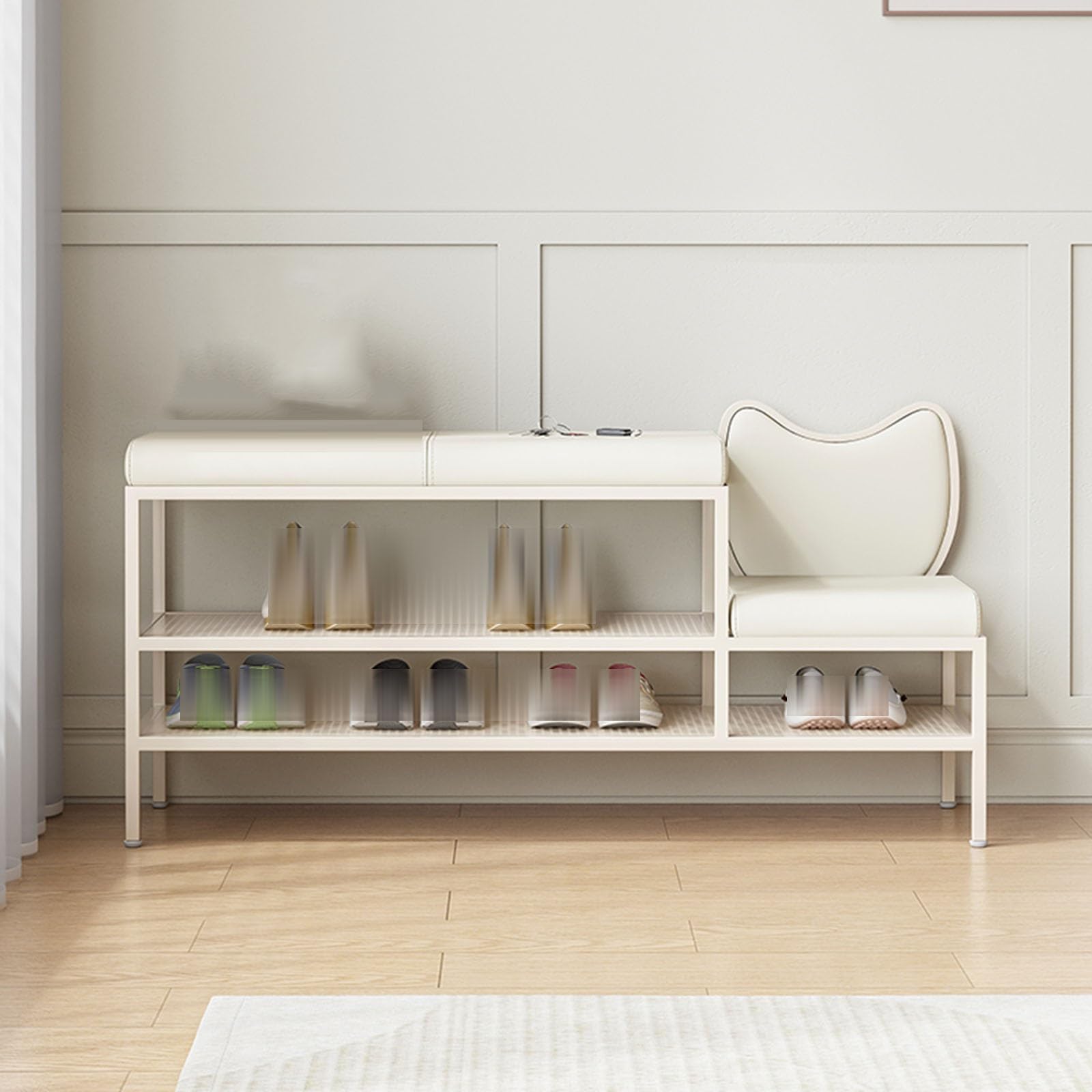 Étagère d'entrée rembourrée pour organiser les chaussures du couloir au salon