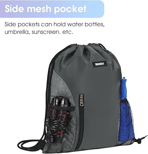 Miniatura 4 de WANDF Mochila deportiva con cordón y bolsillos de malla, resistente al agua, para mujeres y hombres (gris)
