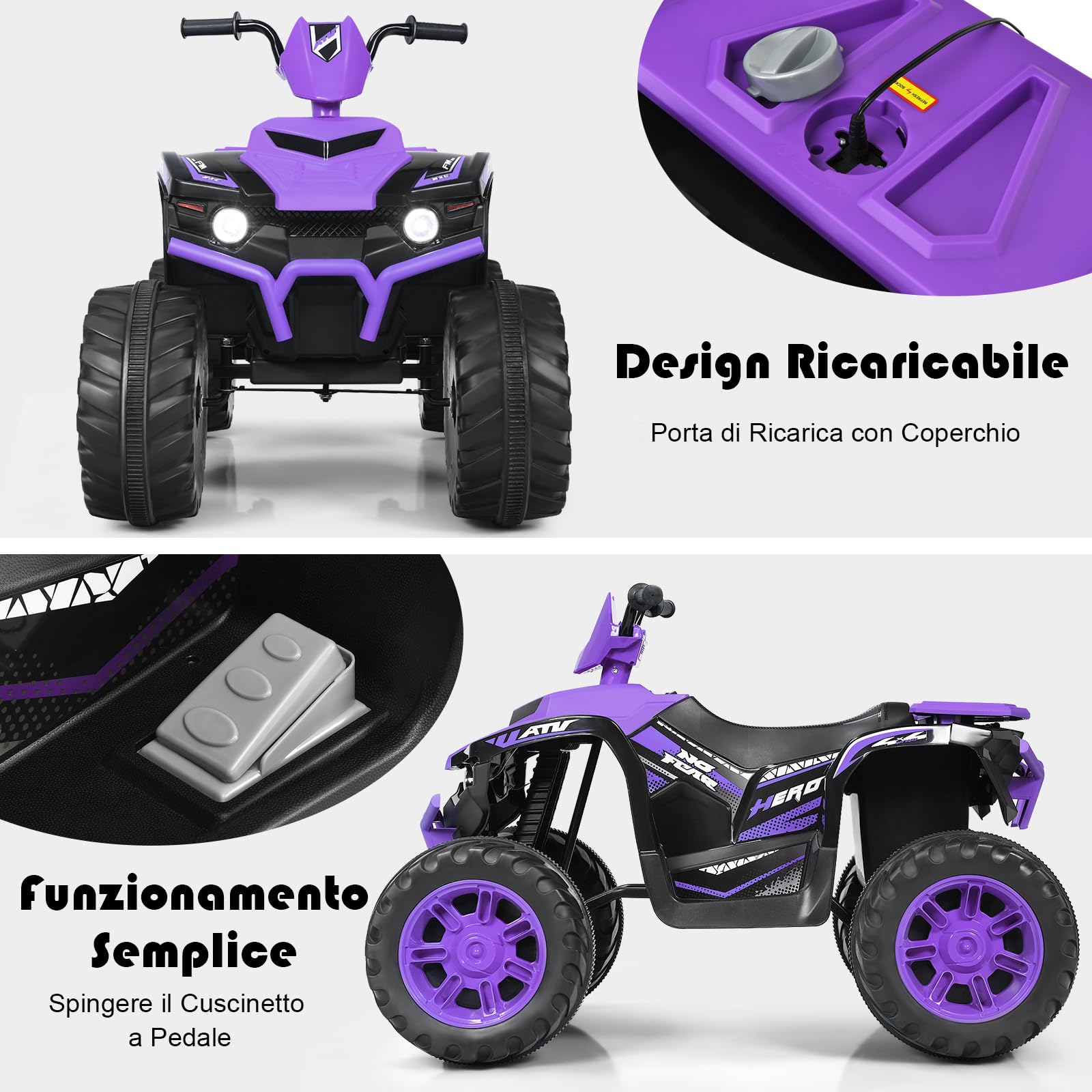 RELAX4LIFE 12V Quad Fuoristrada Elettrica Cavalcabile da Spiaggia per Bambini, Avvio Graduale a Trazione Posteriore, 2 Velocità e Direzione Avanti/Indietro, Funzione FM e Bluetooth (Viola)