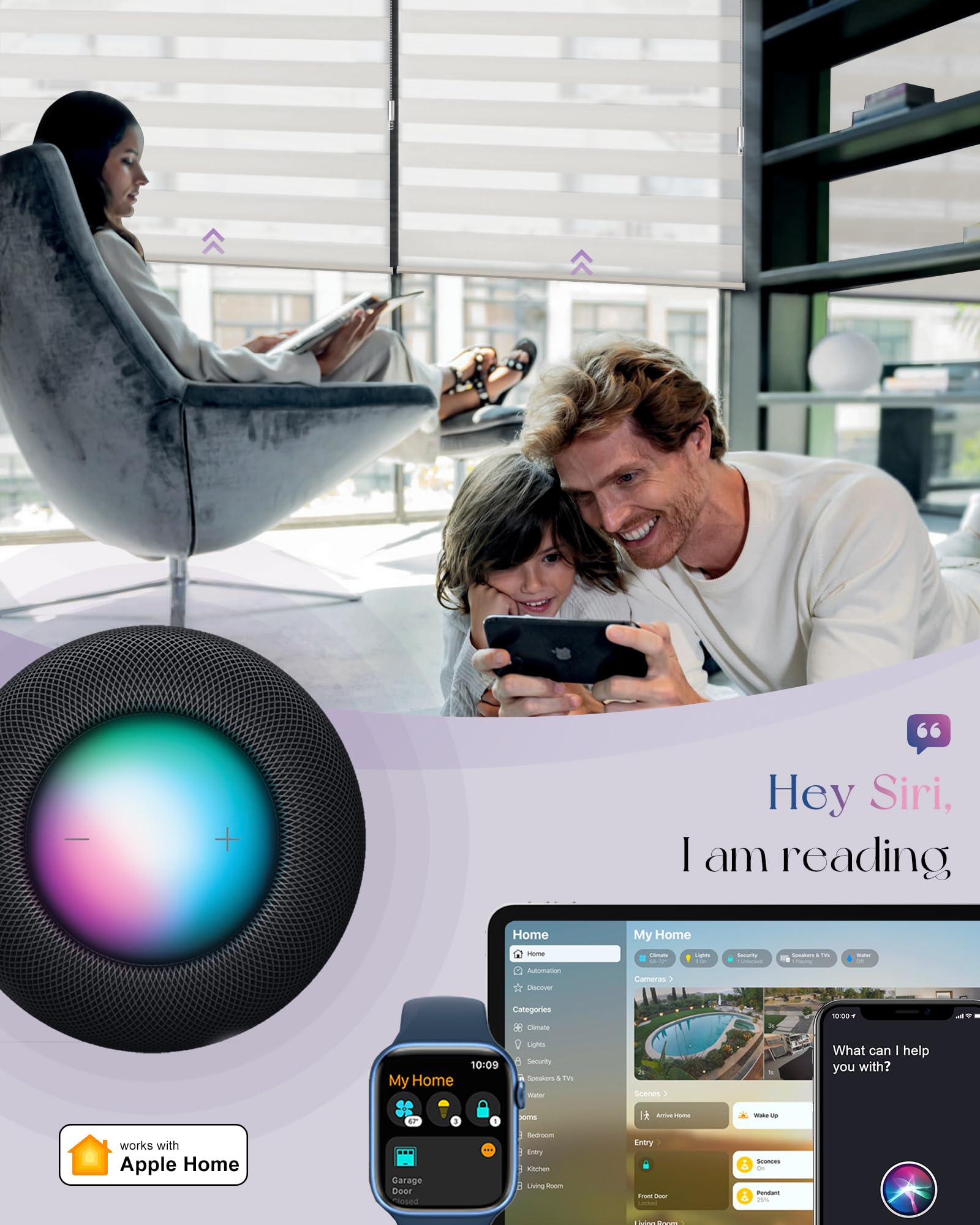 Graywind HomeKit Smart Zebra Blinds Eve Powered Siri Voice Home App Rechargeable Motorized Dual Layer Blinds Privacy Light Control, Custom Size (Wool-Like White)