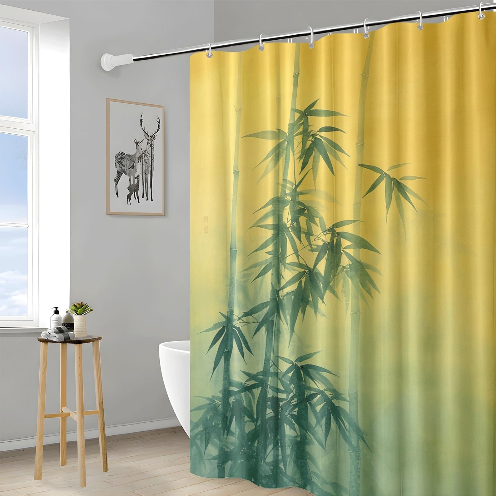 Tenda Doccia Bamboo Giallo Tenda Doccia Antimuffa Impermeabile Poliestere Lavabile con 12 Ganci Facile da Installare Tende Finestra Bagno per Dormitorio Hotel (180x220cm)