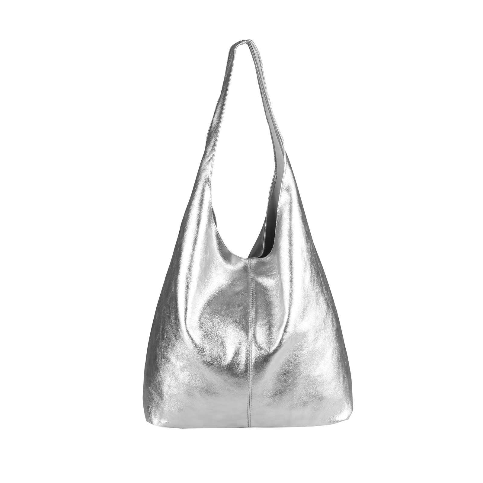 OBC Made in Italy - Bolso de mano de piel para mujer, color plateado, plata, ca.: 43x32x17 cm (BxHxT)