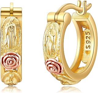 Virgin Mary Earrings Sterling Silver 18K Yellow Gold Plated Virgin Mary Hoop Earrings Our Lady of Guadalupe Earrings Catholic Religious Jewelry Gifts for Women