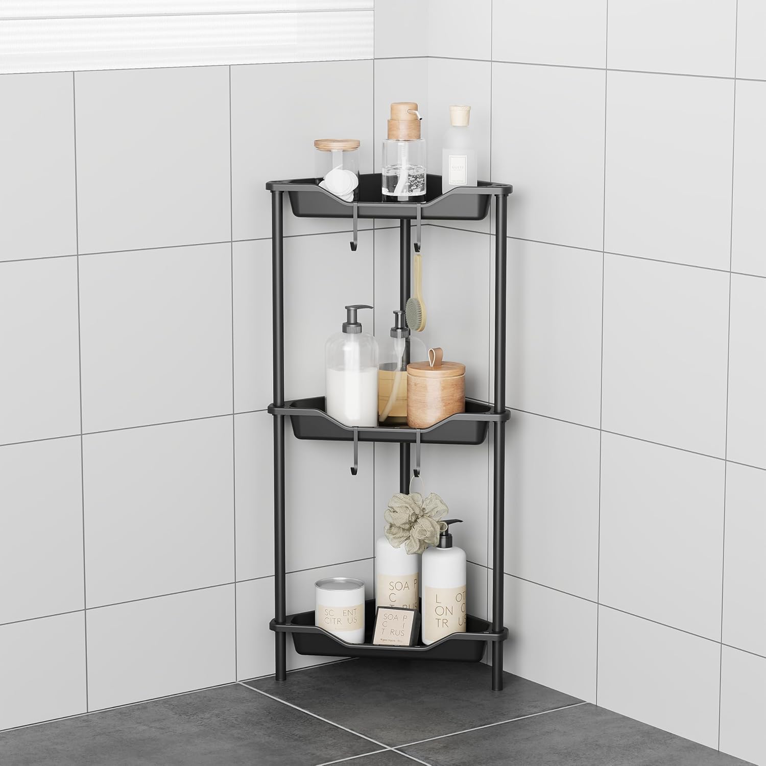 3 Tier Corner Shower Caddy Standing Floor Standing Corner Shower Caddy Organizer Shower Table Plastic Metal Splicing Shelf