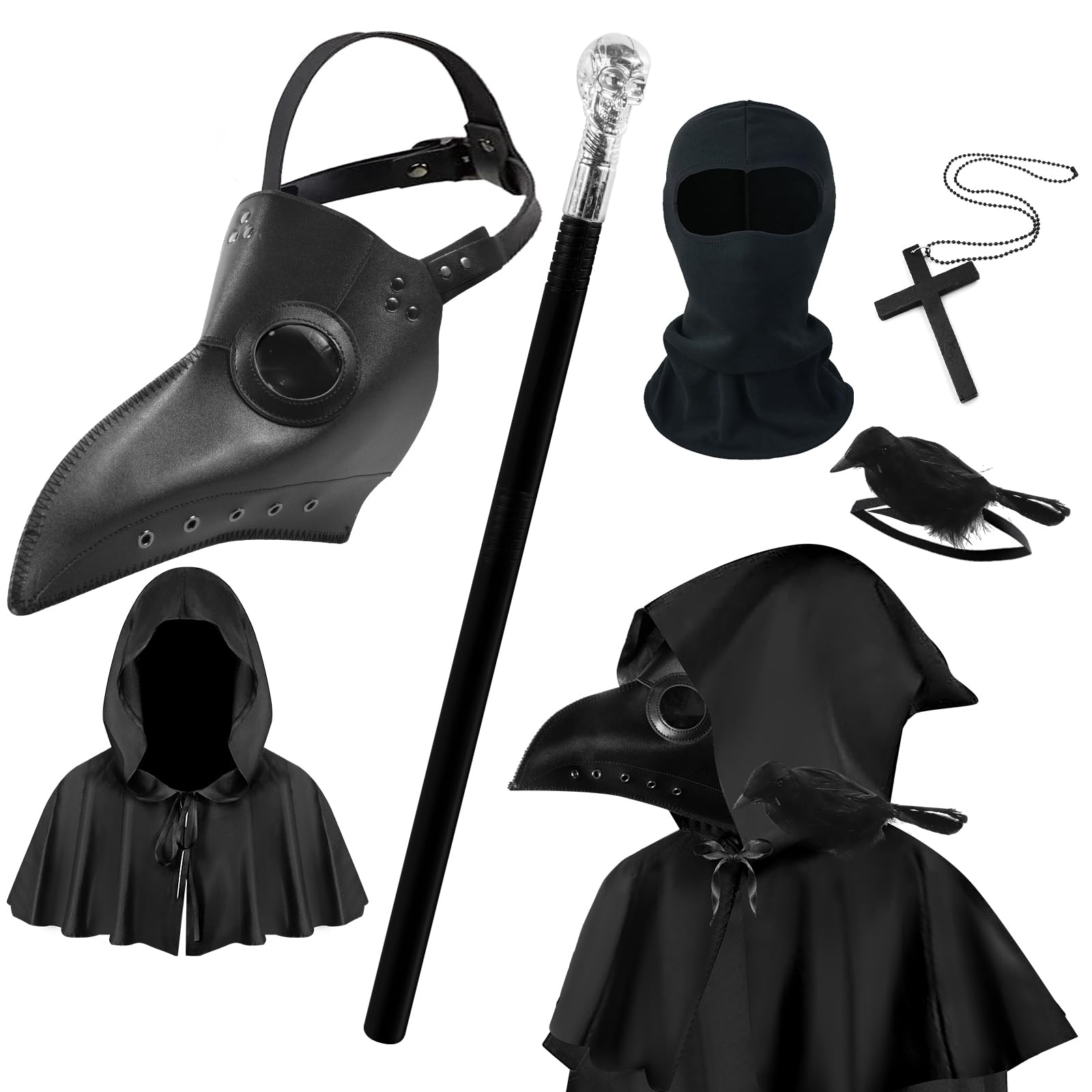Dhnvcud Juego de disfraz de médico de la peste de 6 piezas, máscara de médico de la peste, disfraz de Halloween con capa, collar de cuervo, máscara de cara completa para cosplay, máscaras de Halloween