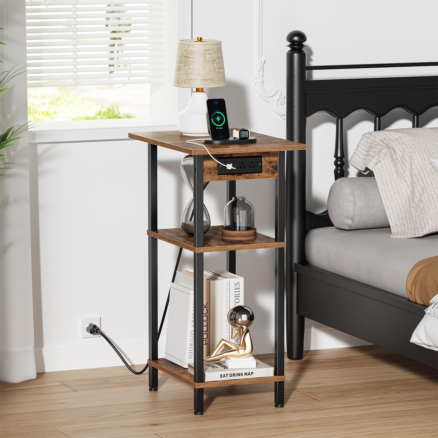 Tall End Table with Charging Station, Skinny Nightstand with USB Ports and Outlets, 3 Tier Narrow Side Table with Storage for Bedroom, Living Room, Office, Rustic Brown and Black