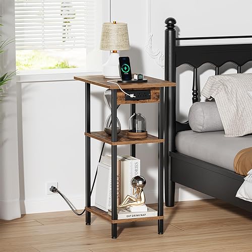 Miniatura 2 de Mesa auxiliar alta con estación de carga, mesita de noche delgada con puertos USB y tomas, mesa auxiliar estrecha de 3 niveles con almacenamiento