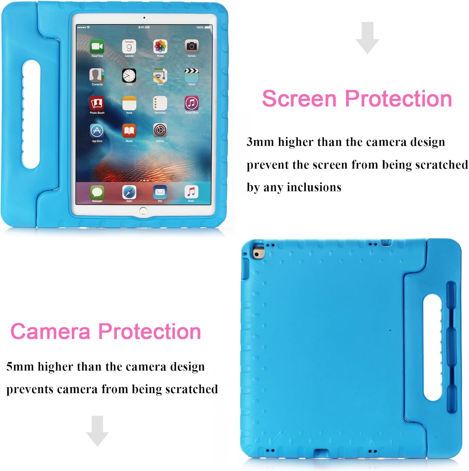 Kids Case for Apple iPad Pro 12.9 inch 2017/2015 Release (2nd/1st Generation) with Pencil Holder & Rotating Kickstand & Swivel Handle Soft EVA Foam Shockproof Rugged Folio Stand Cover, Blue