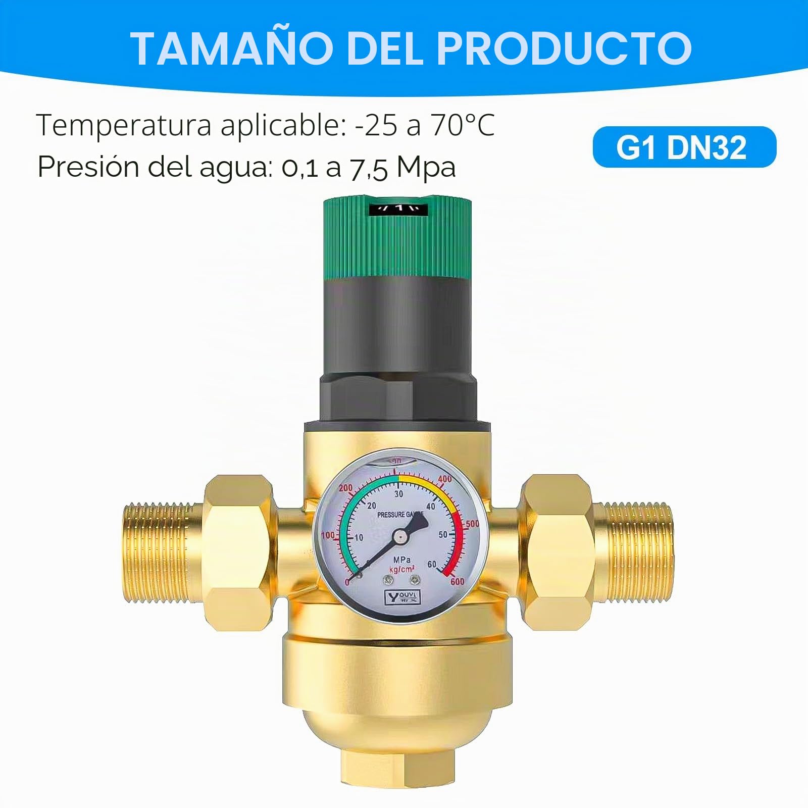 Regulador de Presion Agua 1 Pulgadas, Reductor de Presion de Agua Ajustable con Manometro Presion Agua y Filtro de Malla, Válvula Reguladora De Presión de Agua Para Grifo de Riego de Jardín (Latón)
